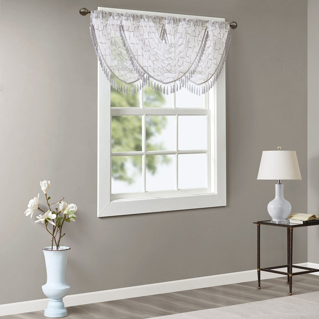 Irina - Diamond Sheer Embroidered Waterfall Valance - White / Gray Madison Park
