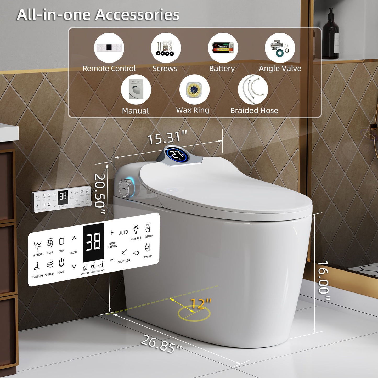 Smart Toilet Bidet Combo With Foot Sensor, LED Display, Heated Seat And Airflow, Ceramic - White Daily Nest