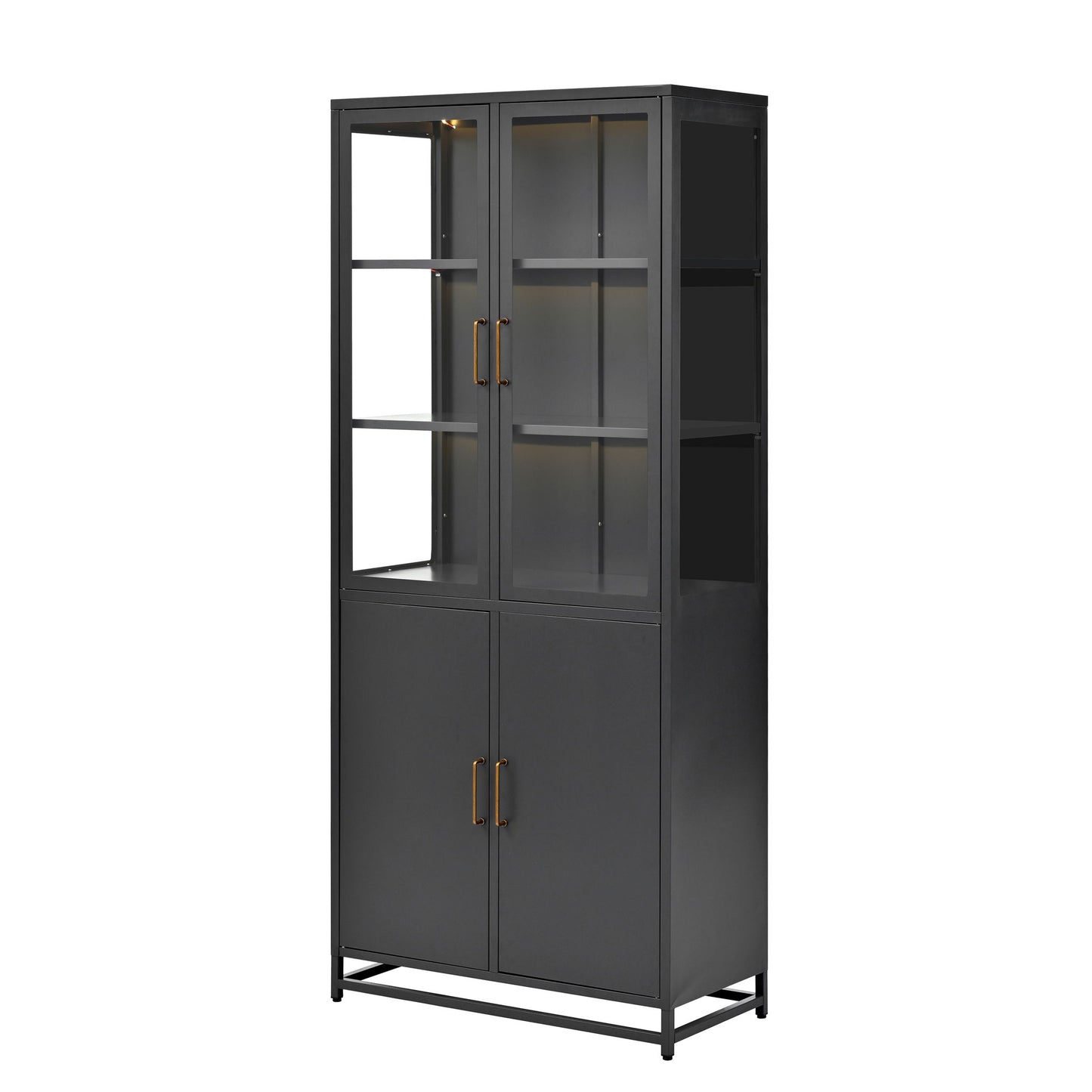 Modern Style Tall Steel Display Cabinet With Double Glass Doors, LED Lights Hearth and Haven