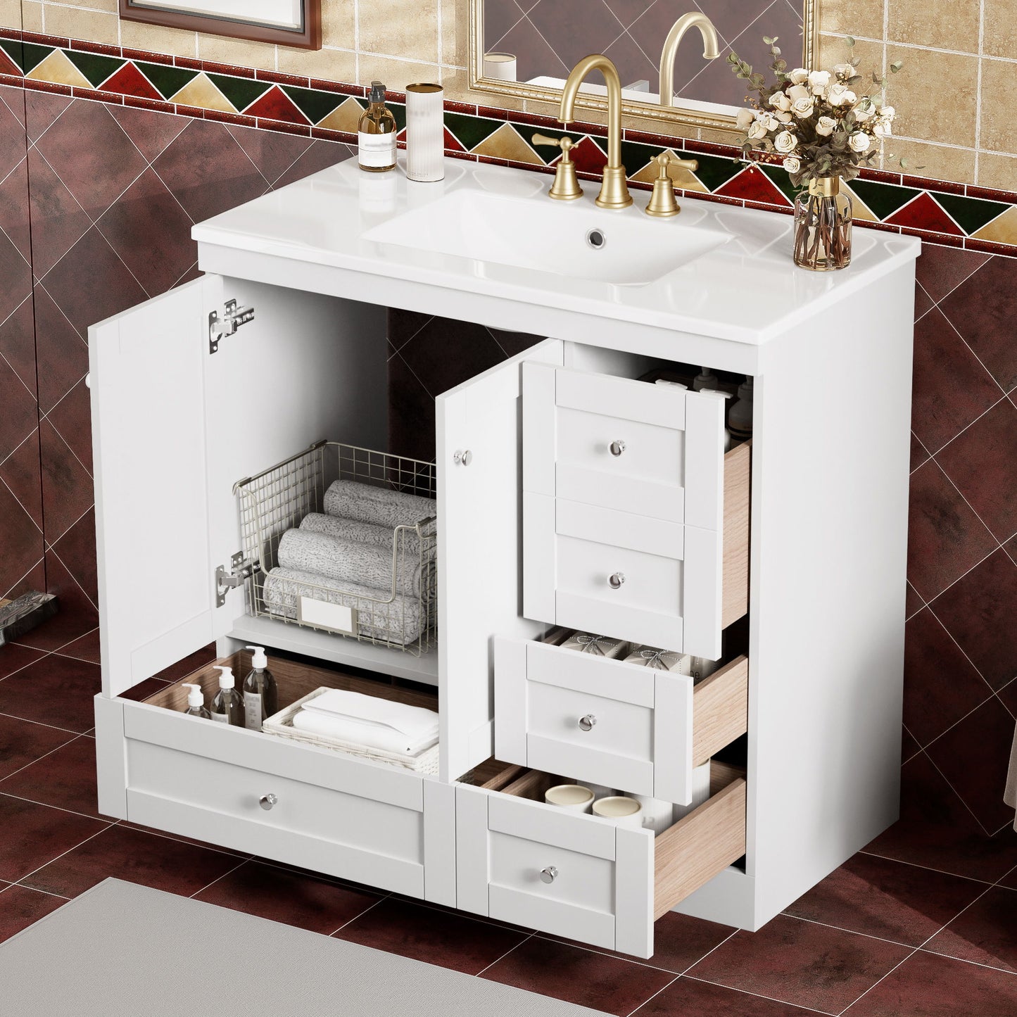 Shaker Free Standing Bathroom Vanity Cabinet With Sink, Soft Close Drawers, Soft Close Doors Hearth and Haven