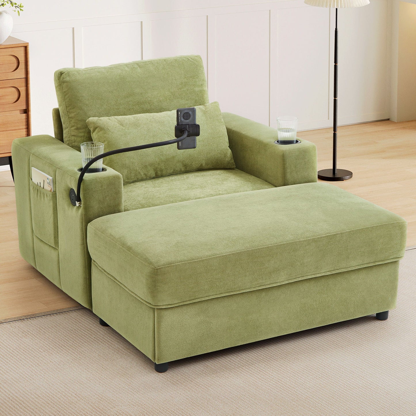 Modern Style Armchair Chaise Lounge Sofa Couch With Movable Storage Ottoman, USB Ports, Cup Holders, Phone Holder, Side Pockets Hearth and Haven