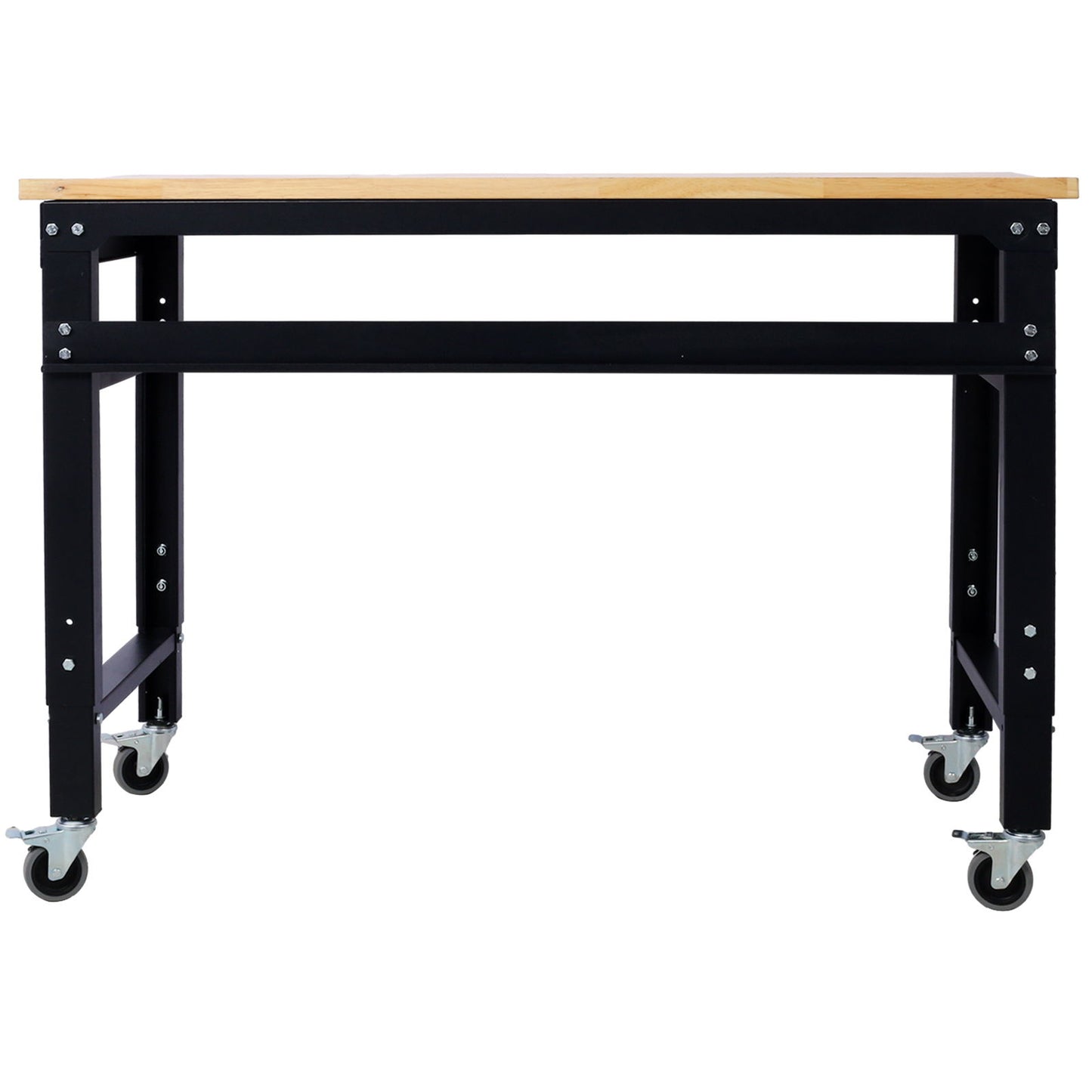 Wide Rolling Workbench For Garage, Adjustable Height, Workshop Tool Bench, Metal With Rubber Wood Top Daily Nest