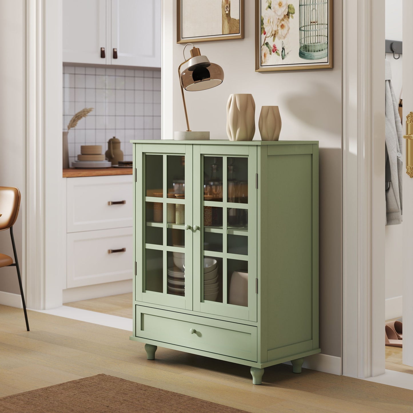 Minimalist Buffet Cabinet With Double Glass Doors And Drawer Home Essentials