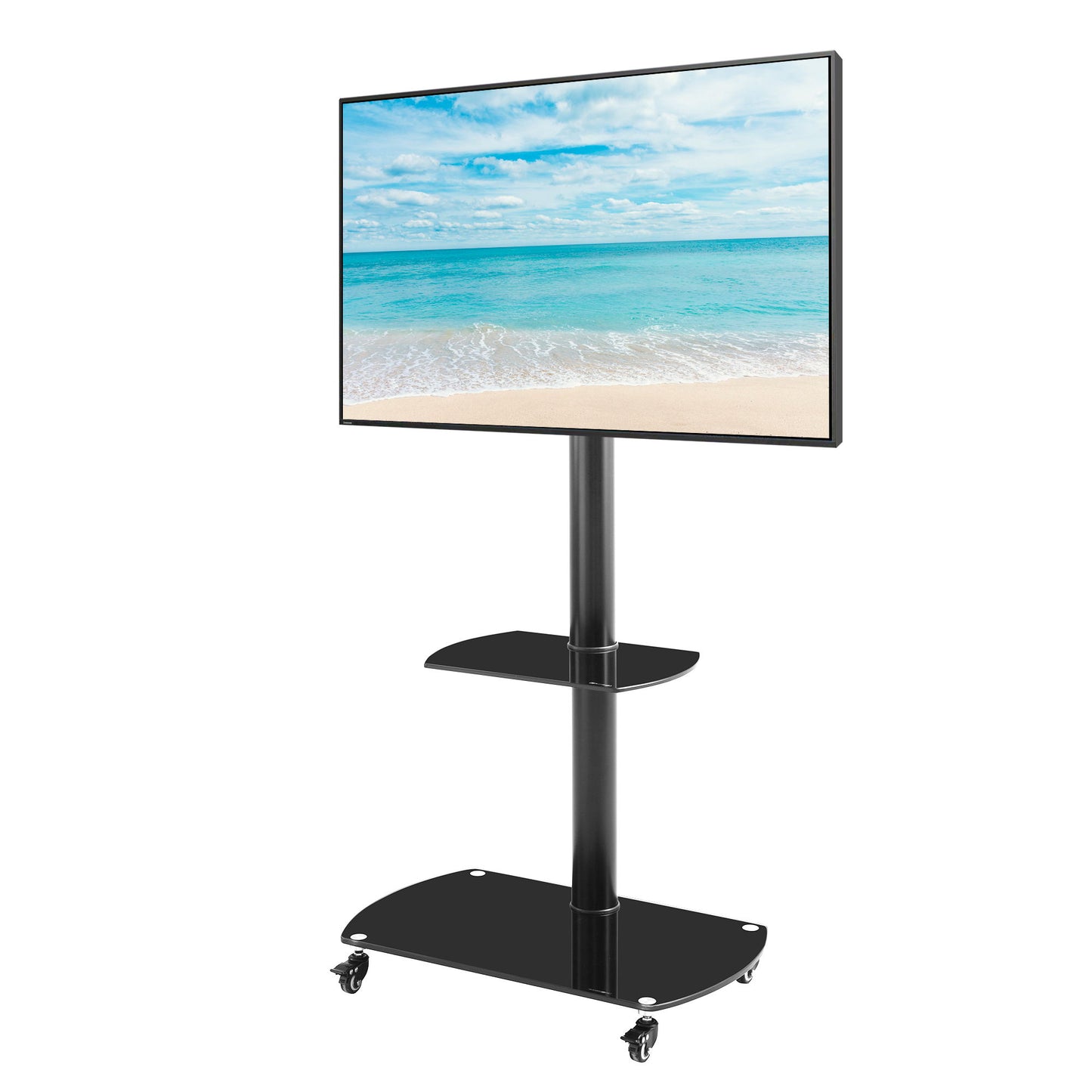 Height And Angle Adjustable Multi-Function Tempered Glass Metal Frame Floor With Lockable Wheels Mobile TV Stand, Lcd / Plasma TV Bracket 2 Tier Tempered Glass Shelves For Multiple Media Devices - Black Home Essentials