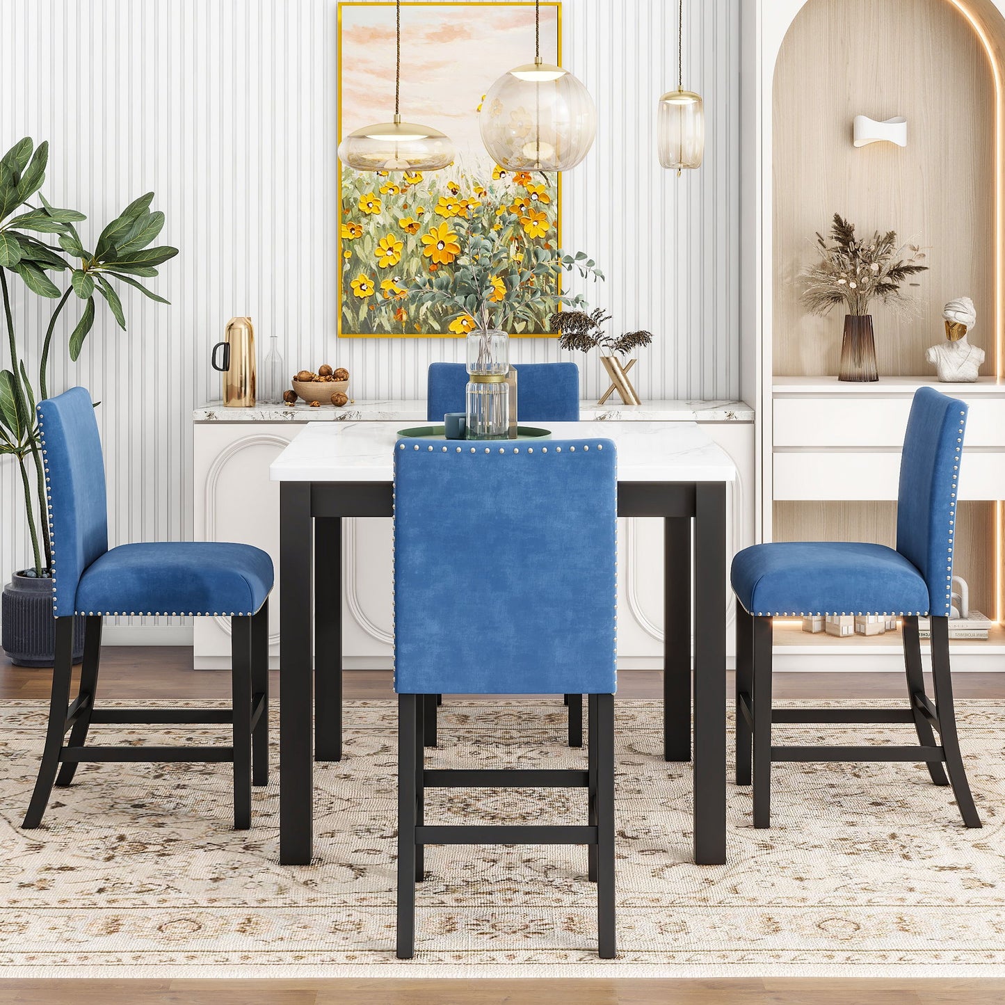 5-Piece Counter Height Dining Table Set With One Faux Marble Top Dining Table And Four Velvet Upholstered Chairs Home Essentials