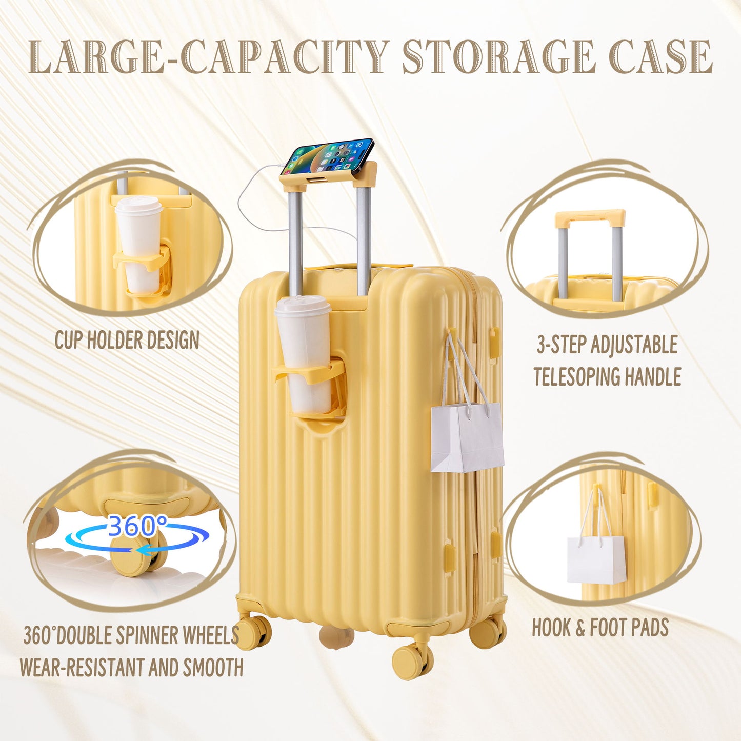 20" / 24" / 28" 3 Pieces / Set Spinner Wheel Luggage, Carry On Suitcase, With Cup Holder & USB Port & Phone Holder Daily Nest