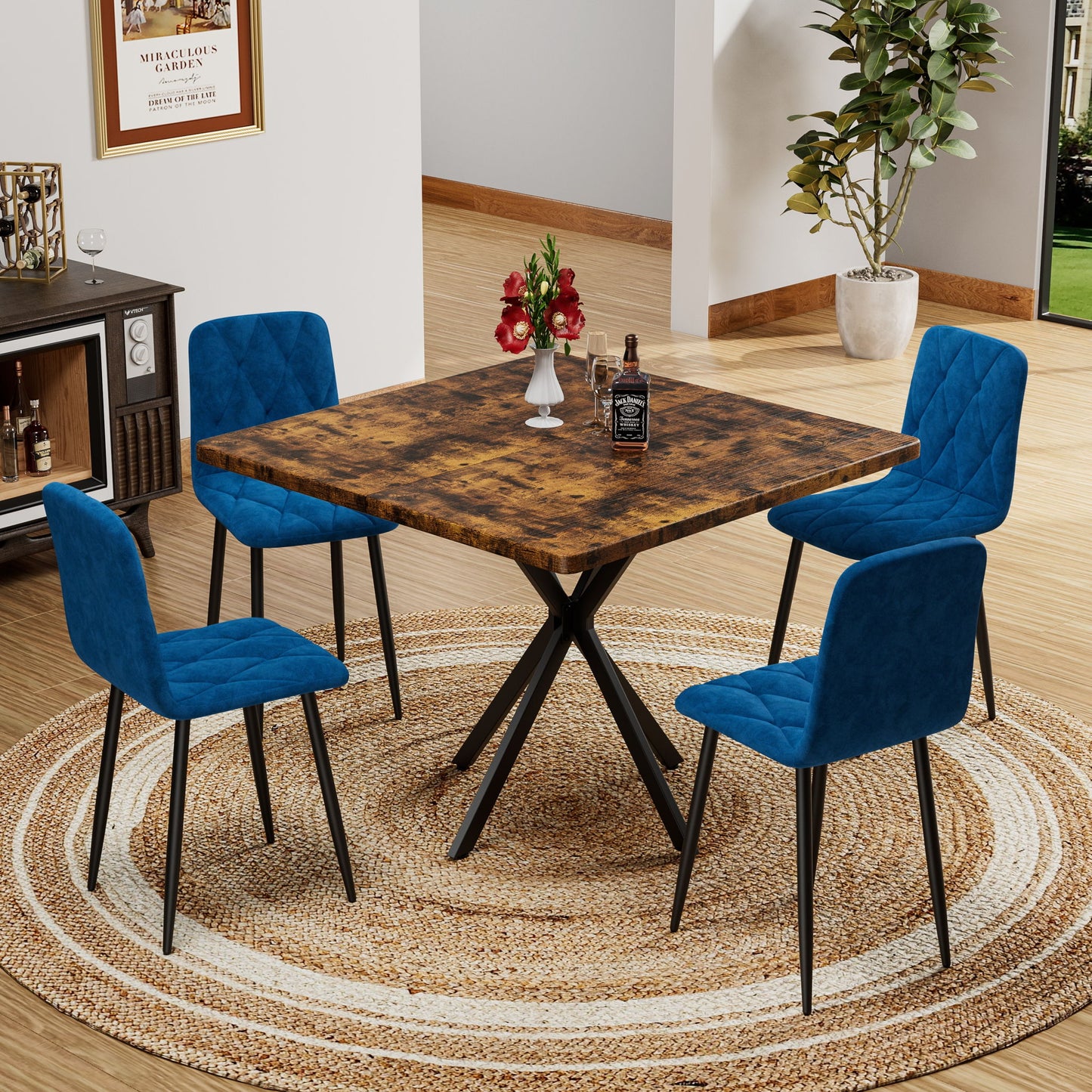 Mid Century Modern Square Dining Table Set With Faux Marble Tabletop And Iron Legs For 4, Space Saving Design - Brown / Blue Home Essentials