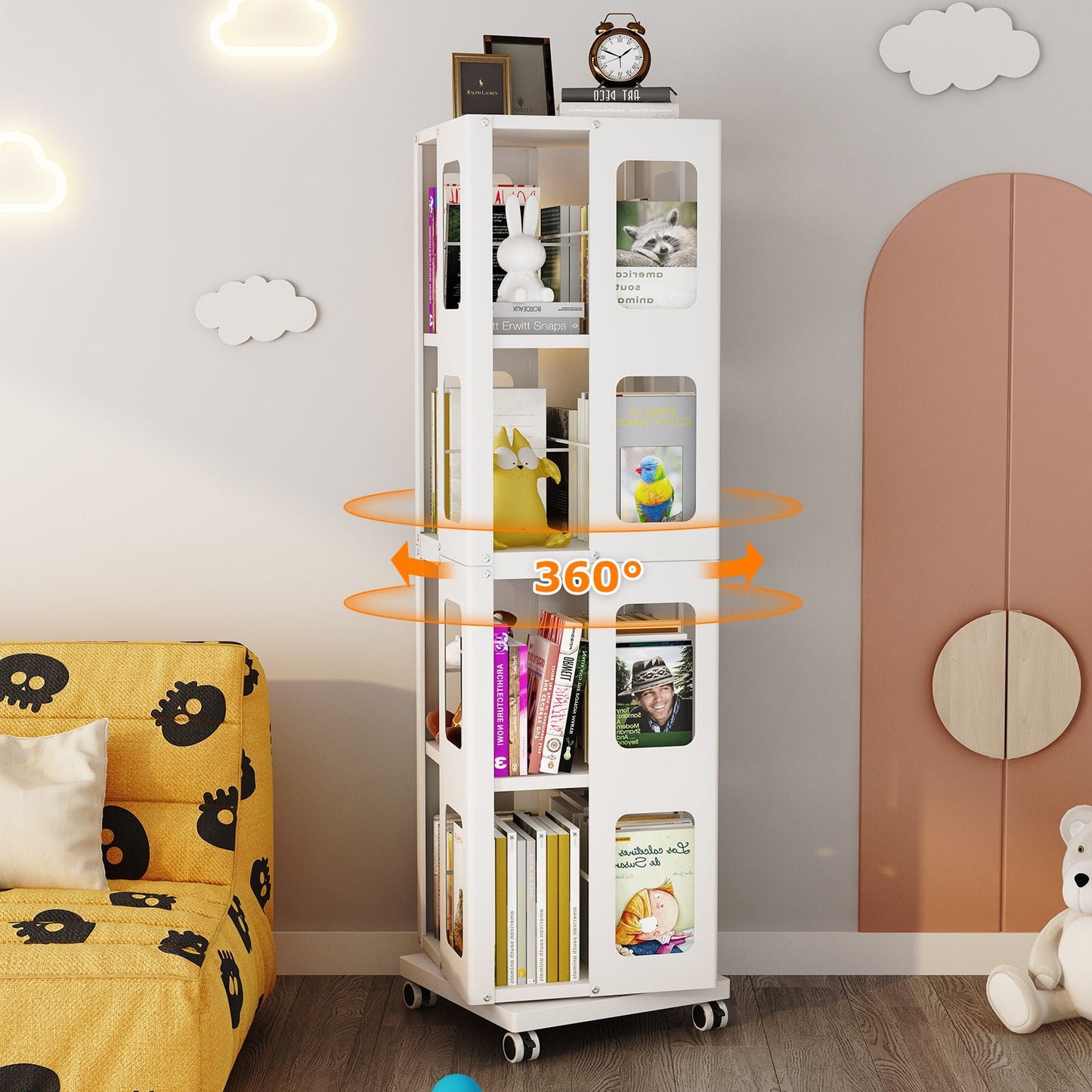 4 Tier All Steel Rotating Bookshelf With 360° Wheels, Large Size Sturdy & Spacious Book Rack, New Style Bookshelf - White Home Essentials