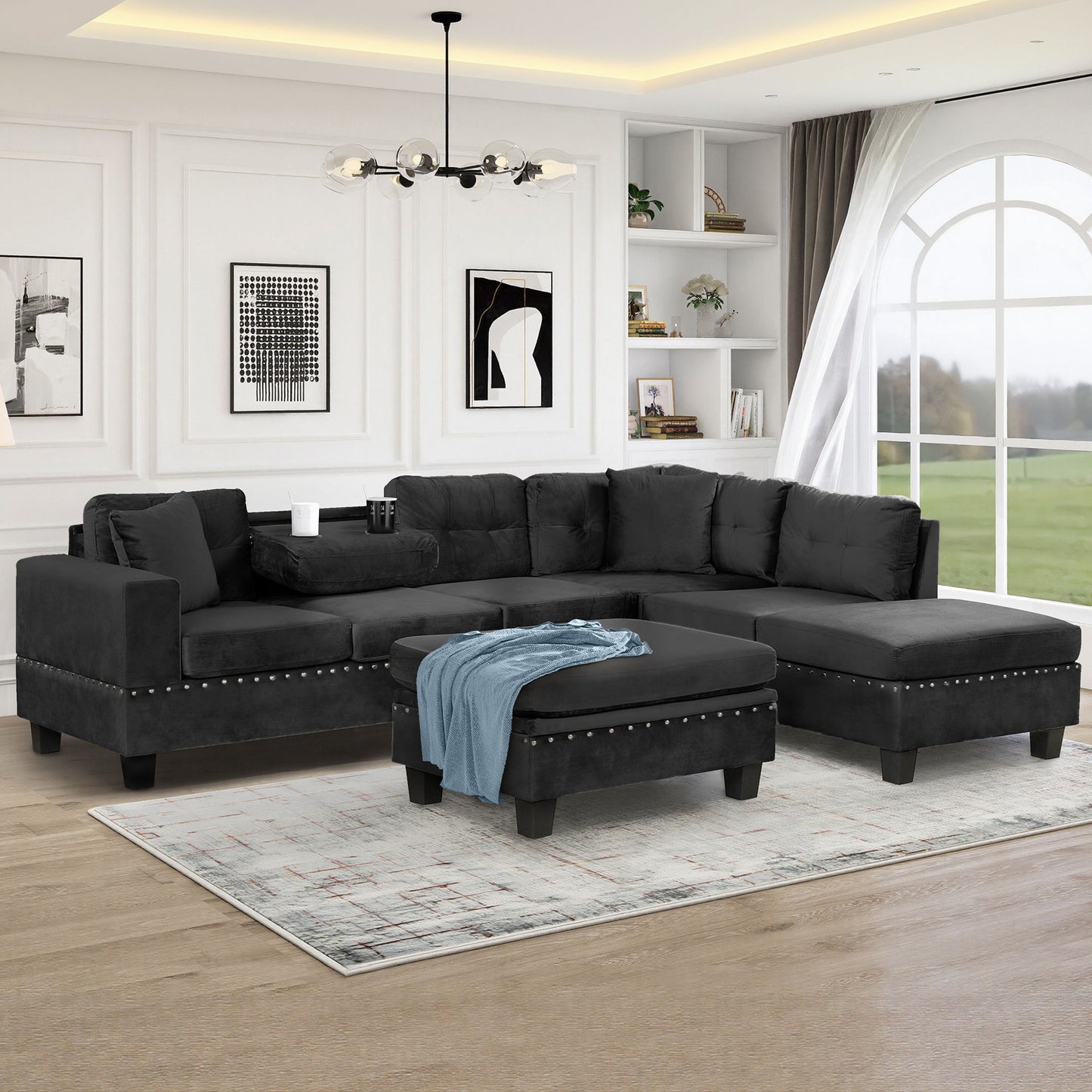Modern Sectional Sofa With Storage Ottoman, L - Shape Couch With 2 Pillows And Cup Holders Hearth and Haven