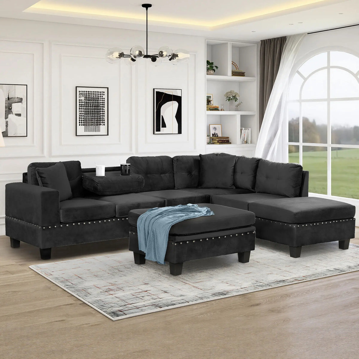 Modern Sectional Sofa With Storage Ottoman, L - Shape Couch With 2 Pillows And Cup Holders Hearth and Haven