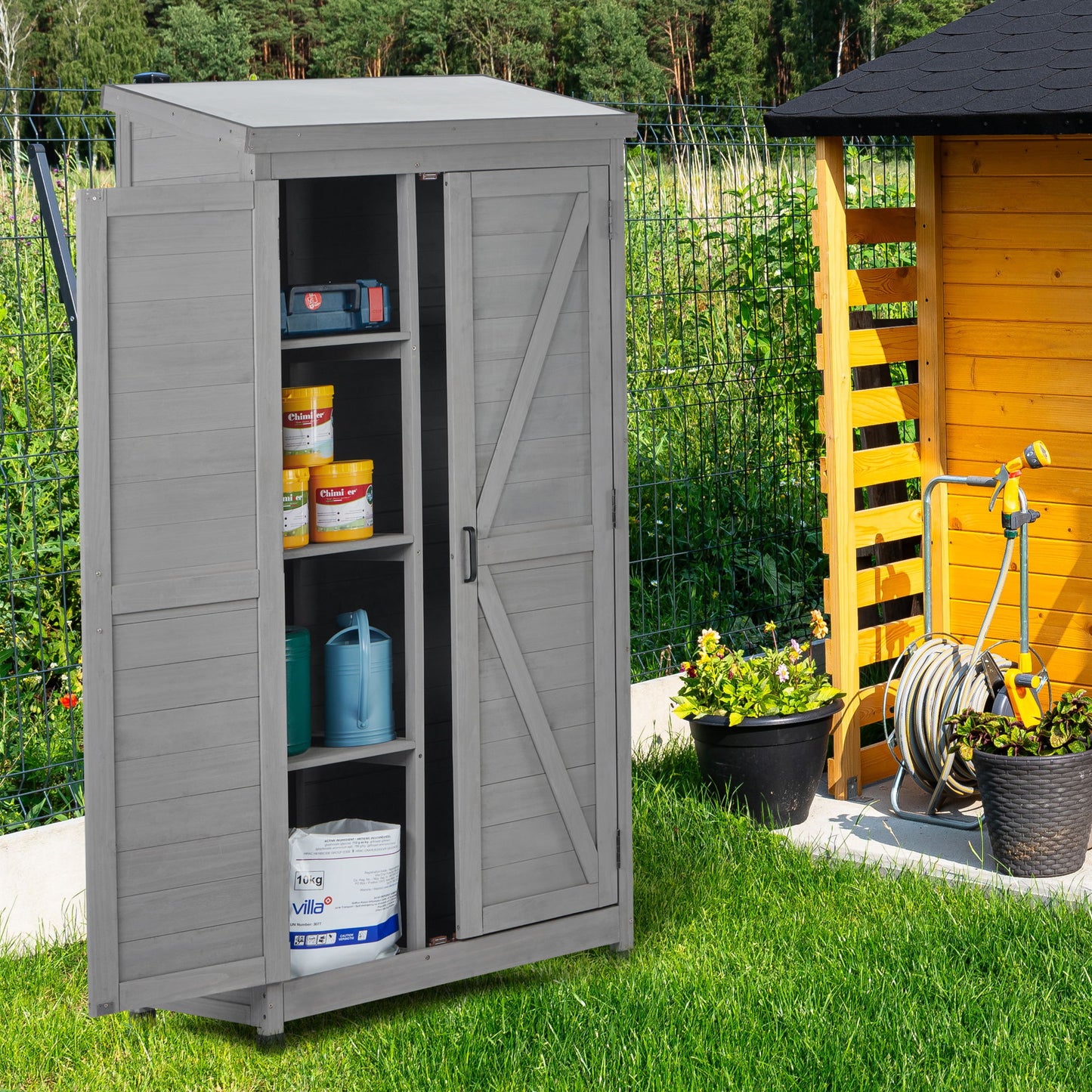Wood Outdoor Storage Cabinet With Metal Top Garden Shed For Yard And Patio - Gray Daily Nest