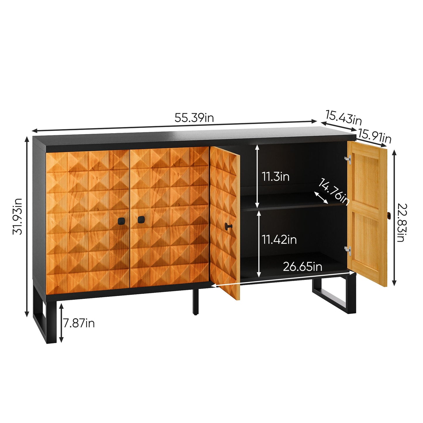 Modern Buffet Cabinet With Storage Space, Retro Style 4 Door Wooden Storage Cabinet, Multifunctional Decorative Cabinet With Geometric Patterns, Suitable For Living Room, Dining Room, Entrance - Orange / Yellow Home Essentials