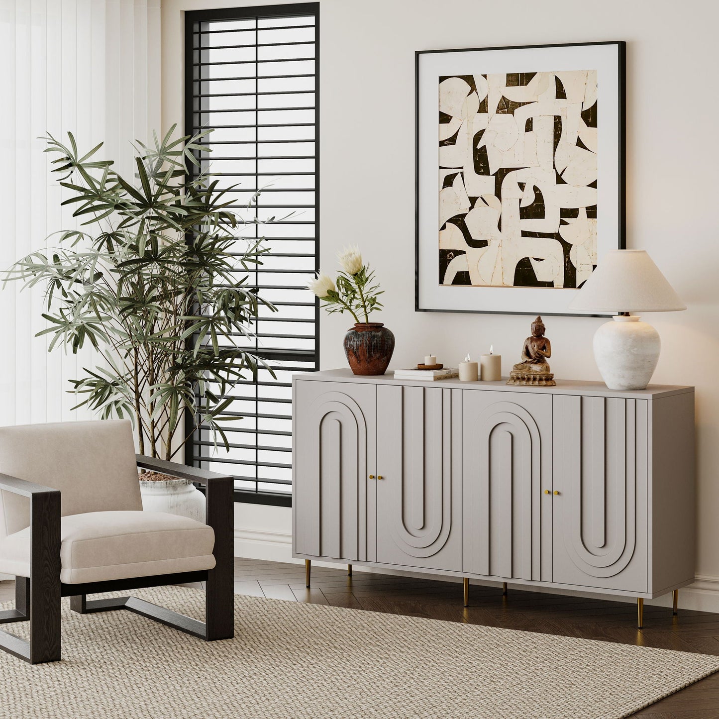 Modern Lacquered 4 Door Cabinet Sideboard Buffet Server Cabinet Storage Cabinet, For Living Room, Entryway, Hallway, Office, Kitchen And Dining Room Home Essentials