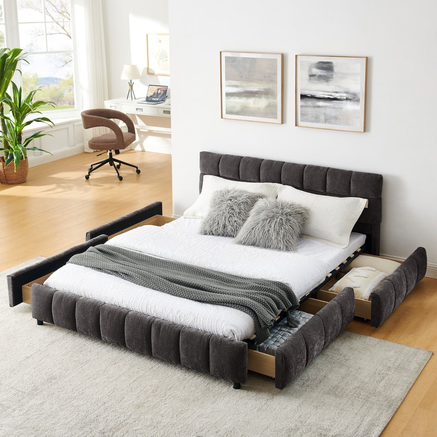 Modern Platform Bed Frame With Thick Chenille Fabric Home Essentials