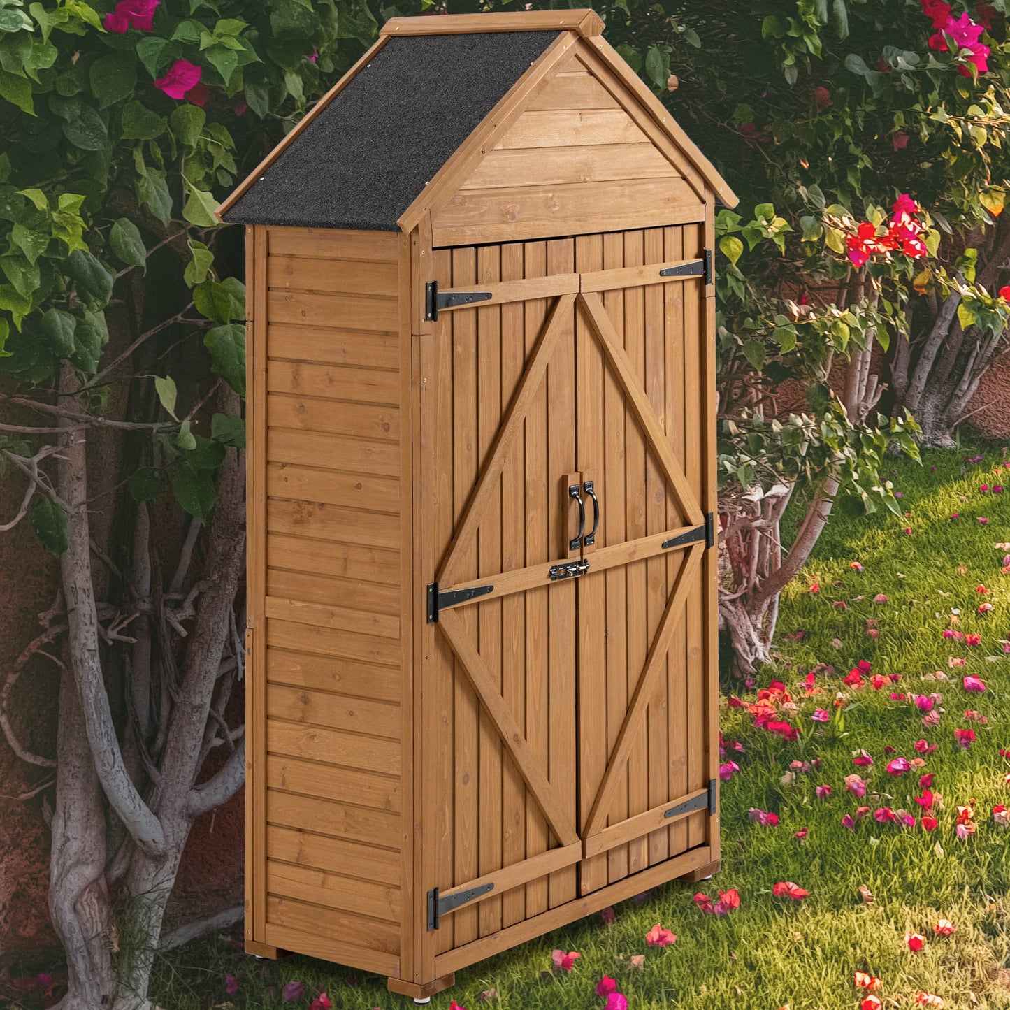 Outdoor Storage Cabinet, Garden Wood Tool Shed, Outside Wooden Shed Closet With Shelves And Latch For Yard Daily Nest