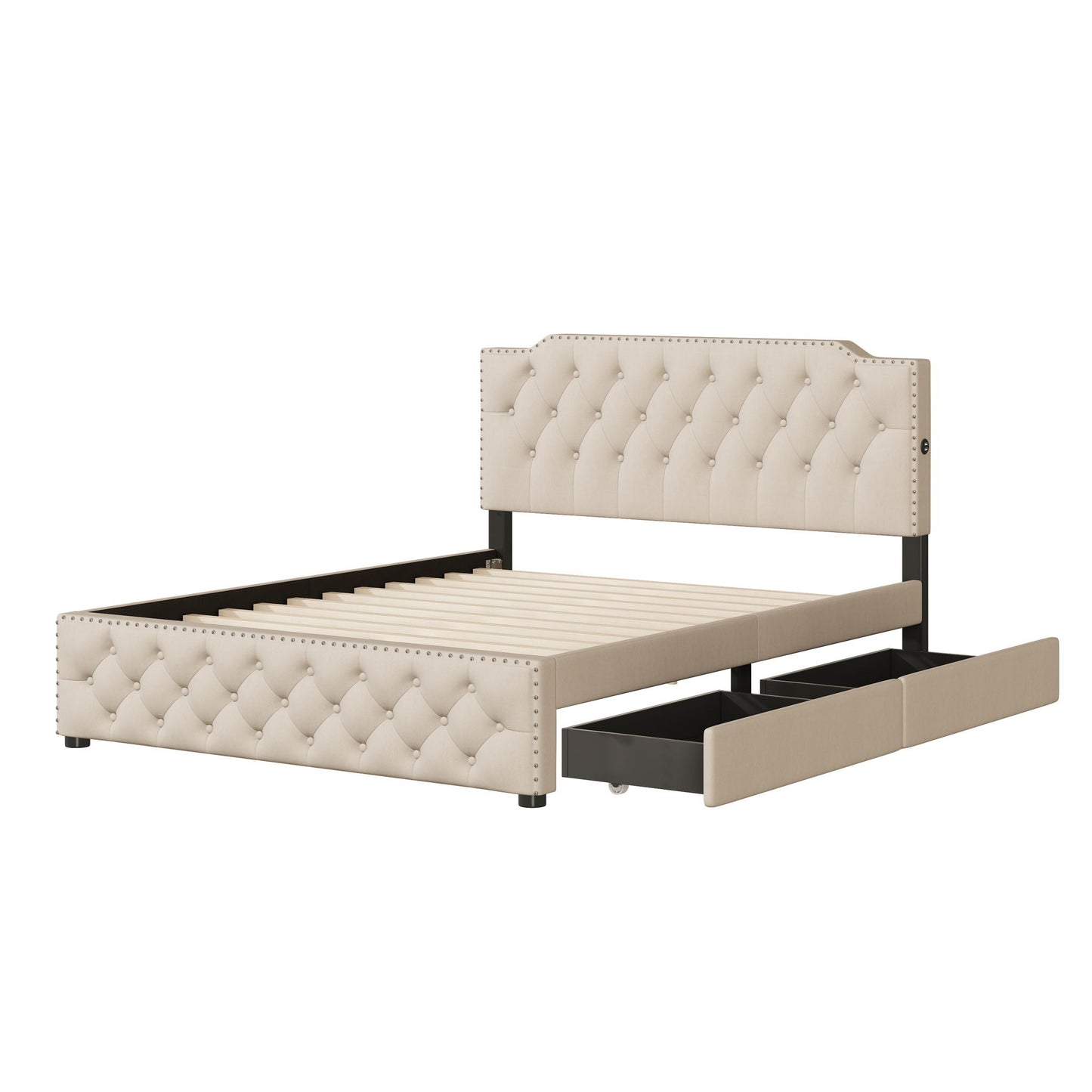 Upholstered Platform Bed With 2 Drawers And 2 Sets Of USB Ports On Each Side, Linen Fabric Halcyon Home