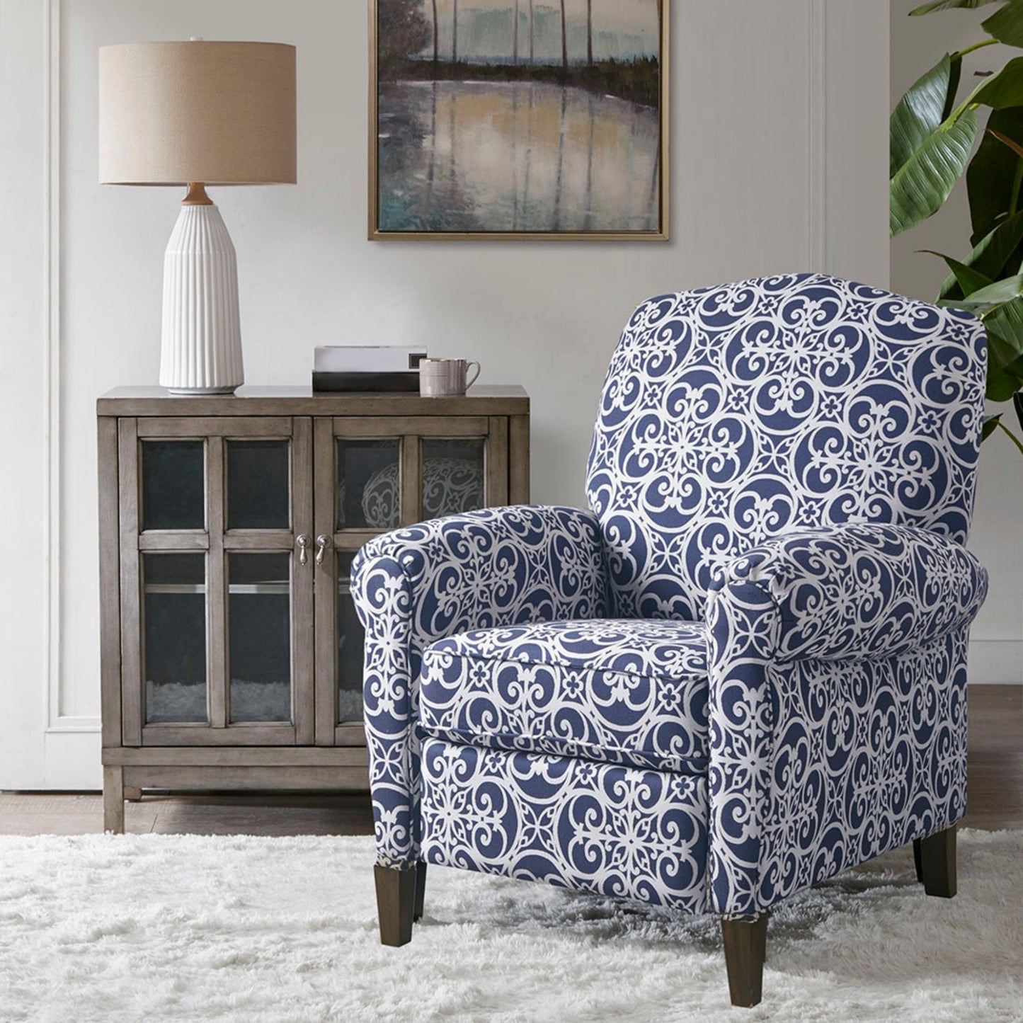 Push Back Recliner Chair With Fretwork Pattern And Solid Wood Legs - Multicolor JLA