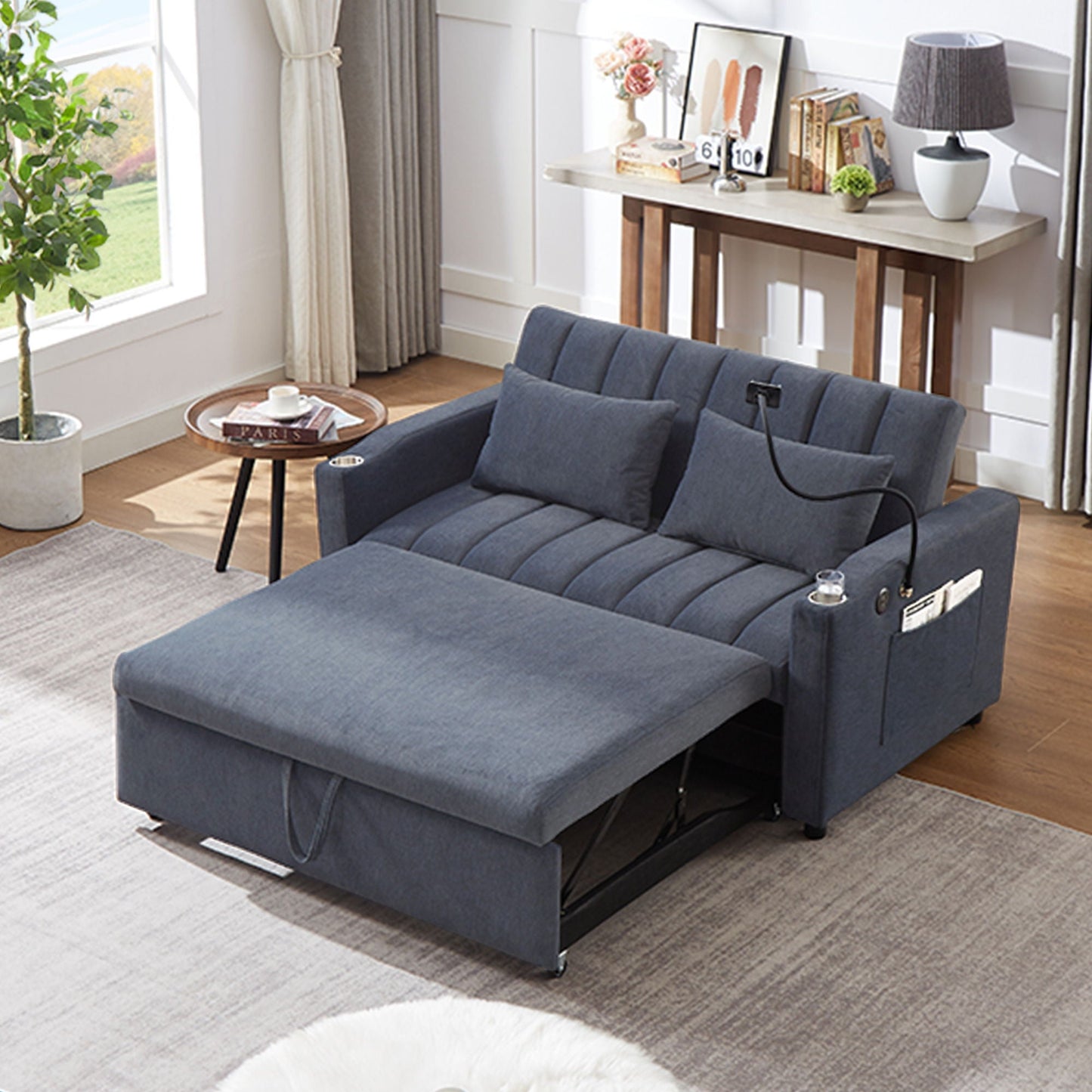 Convertible Sofa Bed Loveseat Sofa With Three USB Ports, Two Side Pockets, Two Cup Holders And 360° swivel Phone Holder For Living Room Hearth and Haven