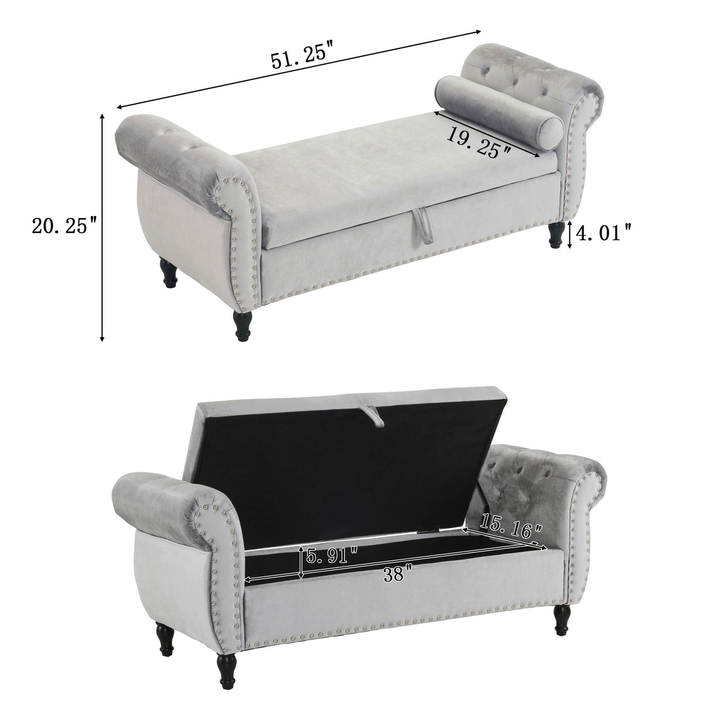 Luxurious Velvet Multifunctional Storage Ottoman Bench With Pillow Noble House
