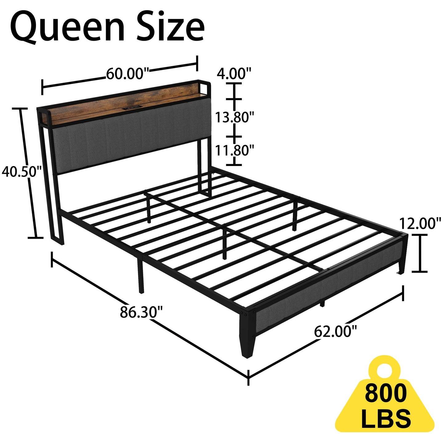 Bed With Charging Station, American Design Upholstered Headboard, Metal Platform Home Essentials