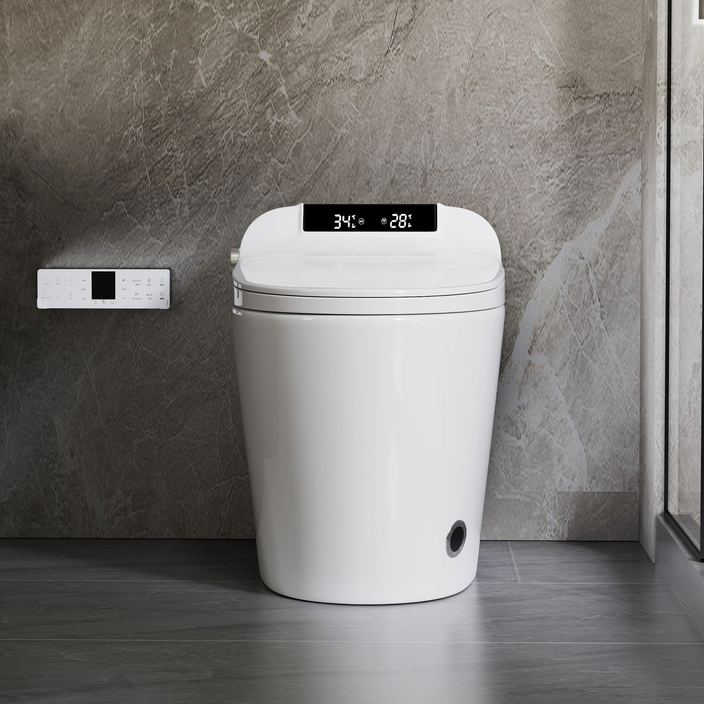 Smart Toilet Bidet Combo With Foot Sensor Open Cover / Seat, Self Cleaning Nozzle, LED Display, Three Level Heated Seat / Airflow, Night Light, Knob Control, Soft Close, Auto Flush, With Remote Control - Gloss White Daily Nest