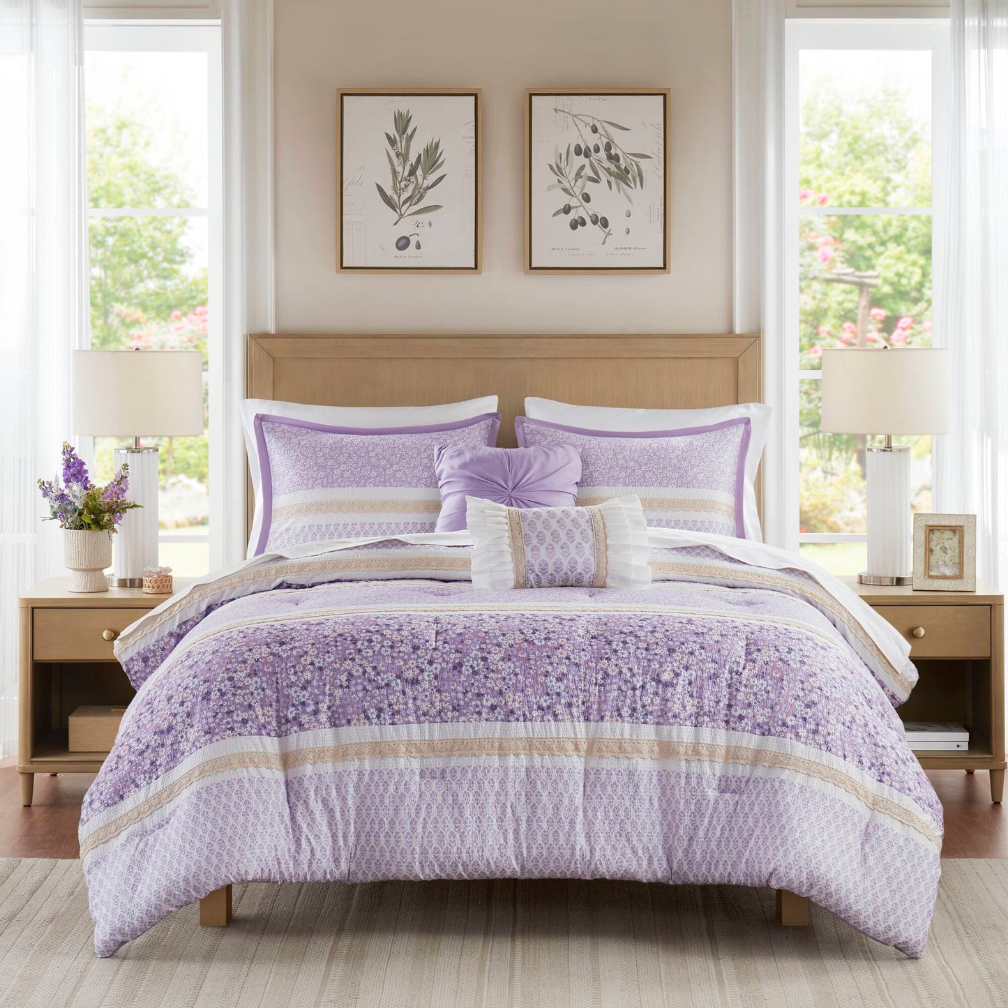 Caralie - Full/Queen 5 Piece Seersucker Comforter Set With Throw Pillows - Purple Madison Park