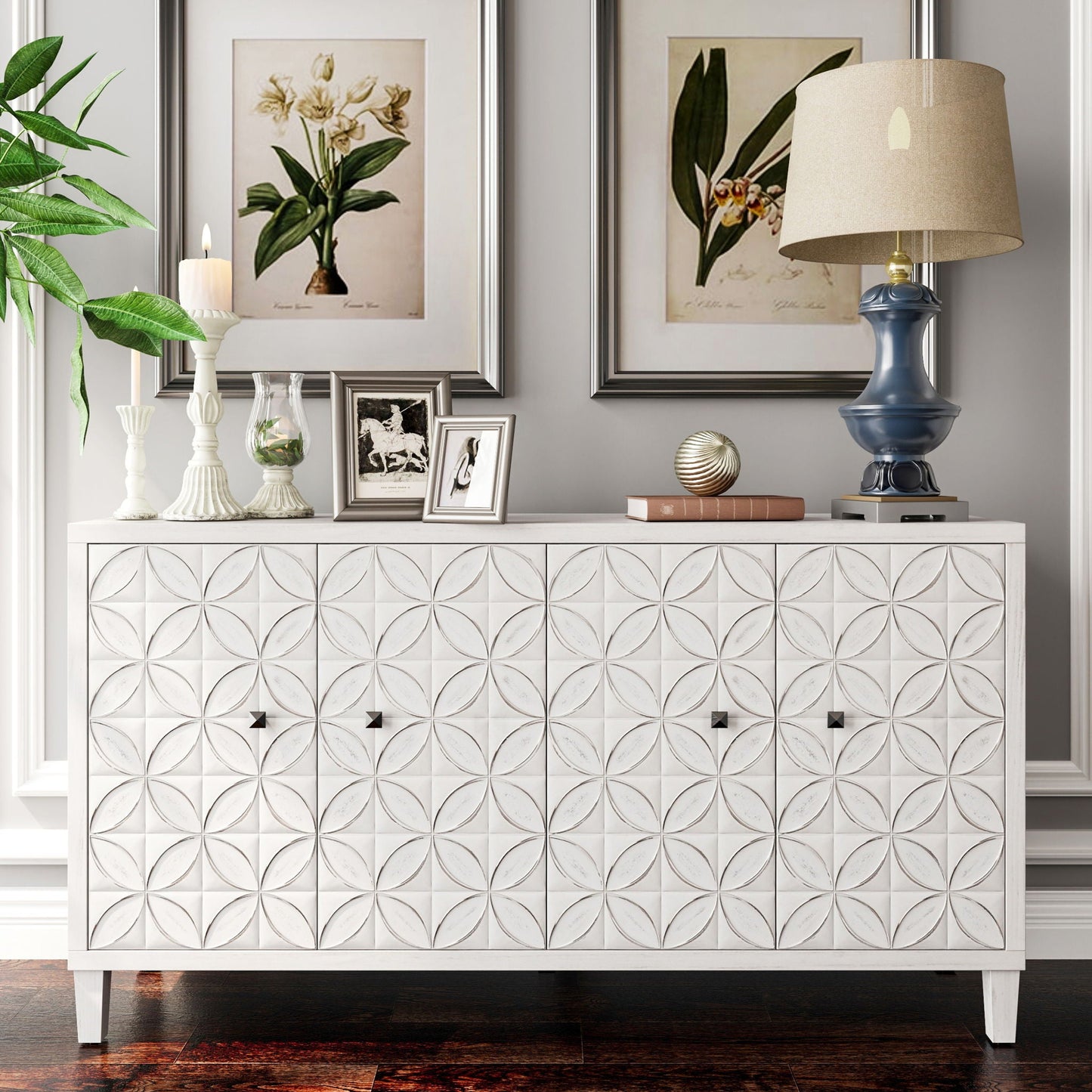 Accent Cabinet 4 Door Wooden Cabinet Sideboard Buffet Server Cabinet Storage Cabinet, For Living Room, Entryway, Hallway, Office, Kitchen And Dining Room - White Wash Home Essentials