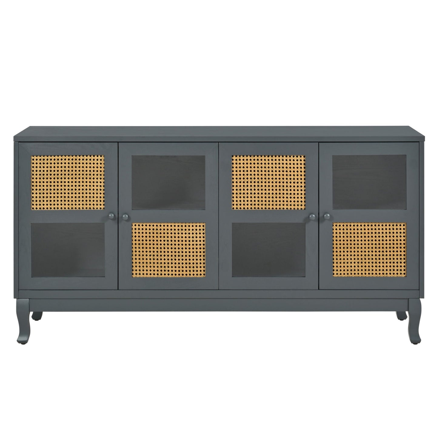 Retro Industrial 4 Door Sideboard With Large Storage, Rattan And Glass Doors Home Essentials