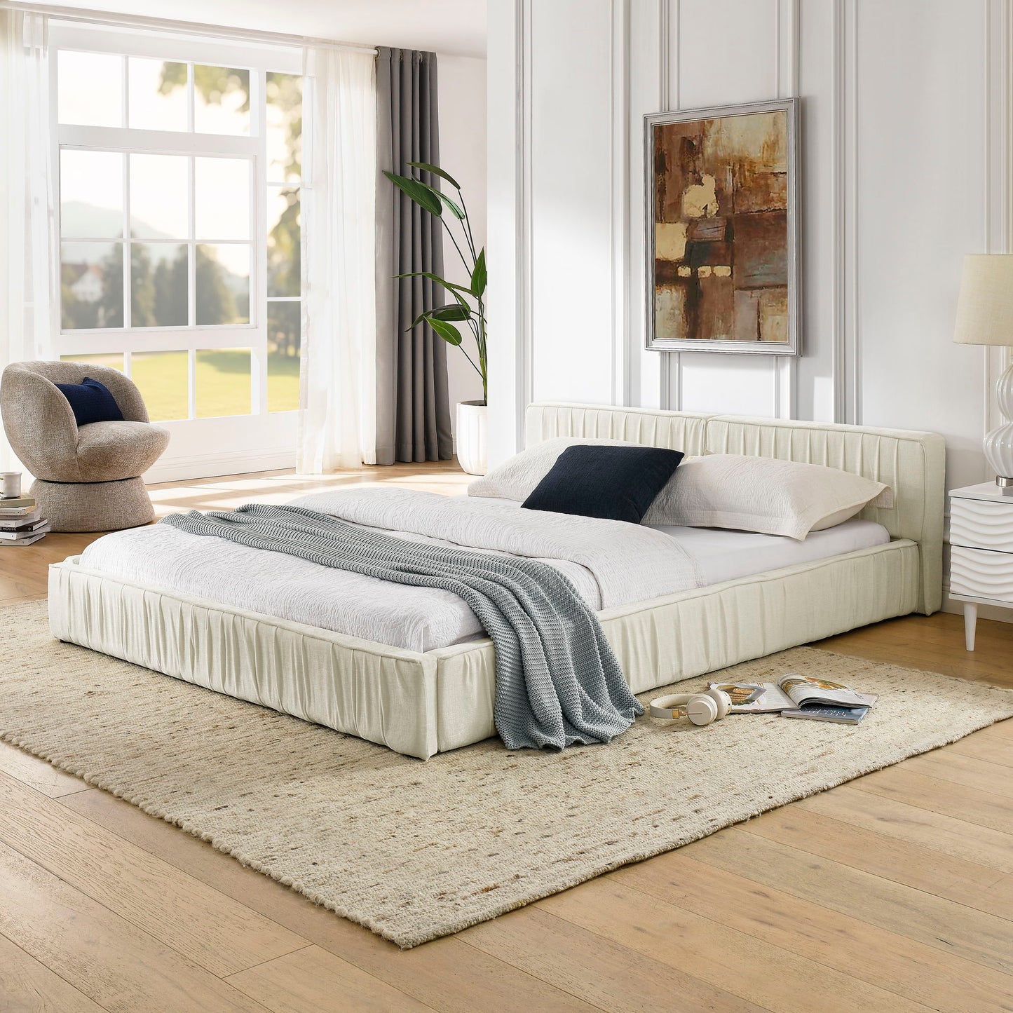 Modern Upholstered Platform Bed Frame With Pleated Design Home Essentials
