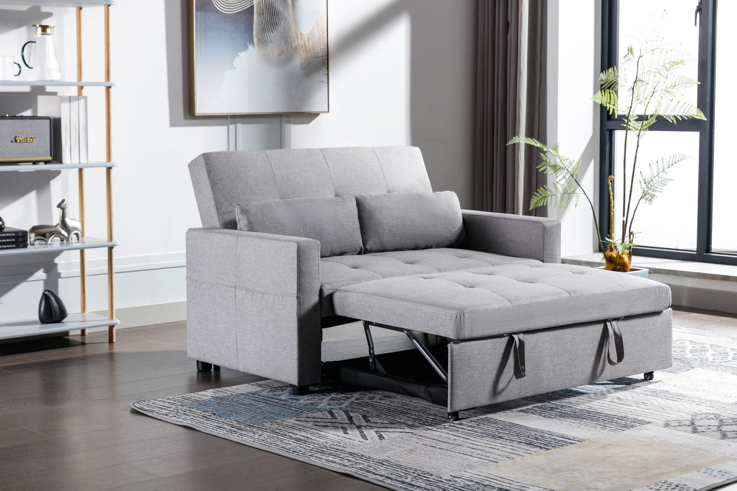 2 Seaters Slepper Sofa Bed Linen Fabric 3-In-1 Convertible Sleeper Loveseat With Side Pocket Home Essentials