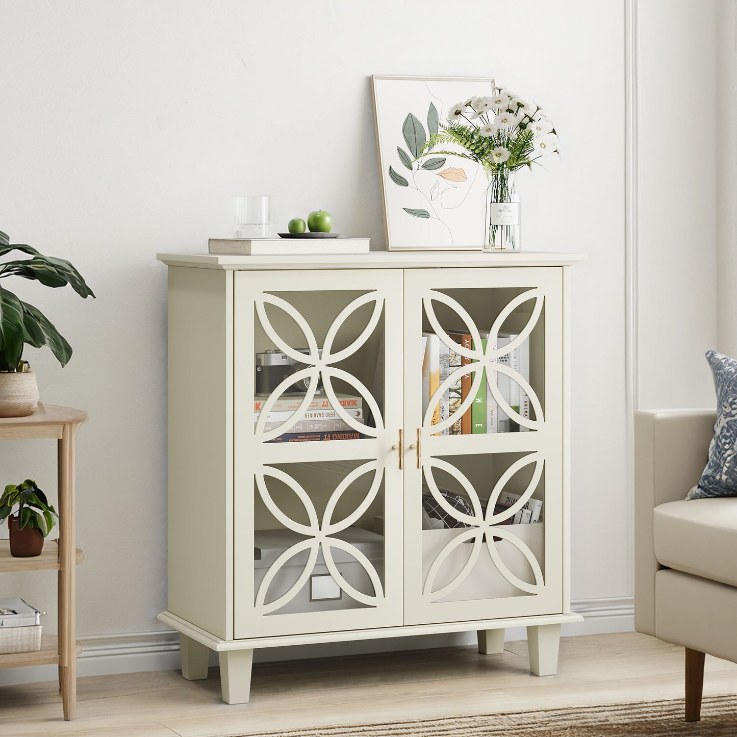 Modern Retro Sideboard Buffet Storage Cabinet With Adjustable Shelves And Tempered Glass Doors - Cream Color Home Essentials