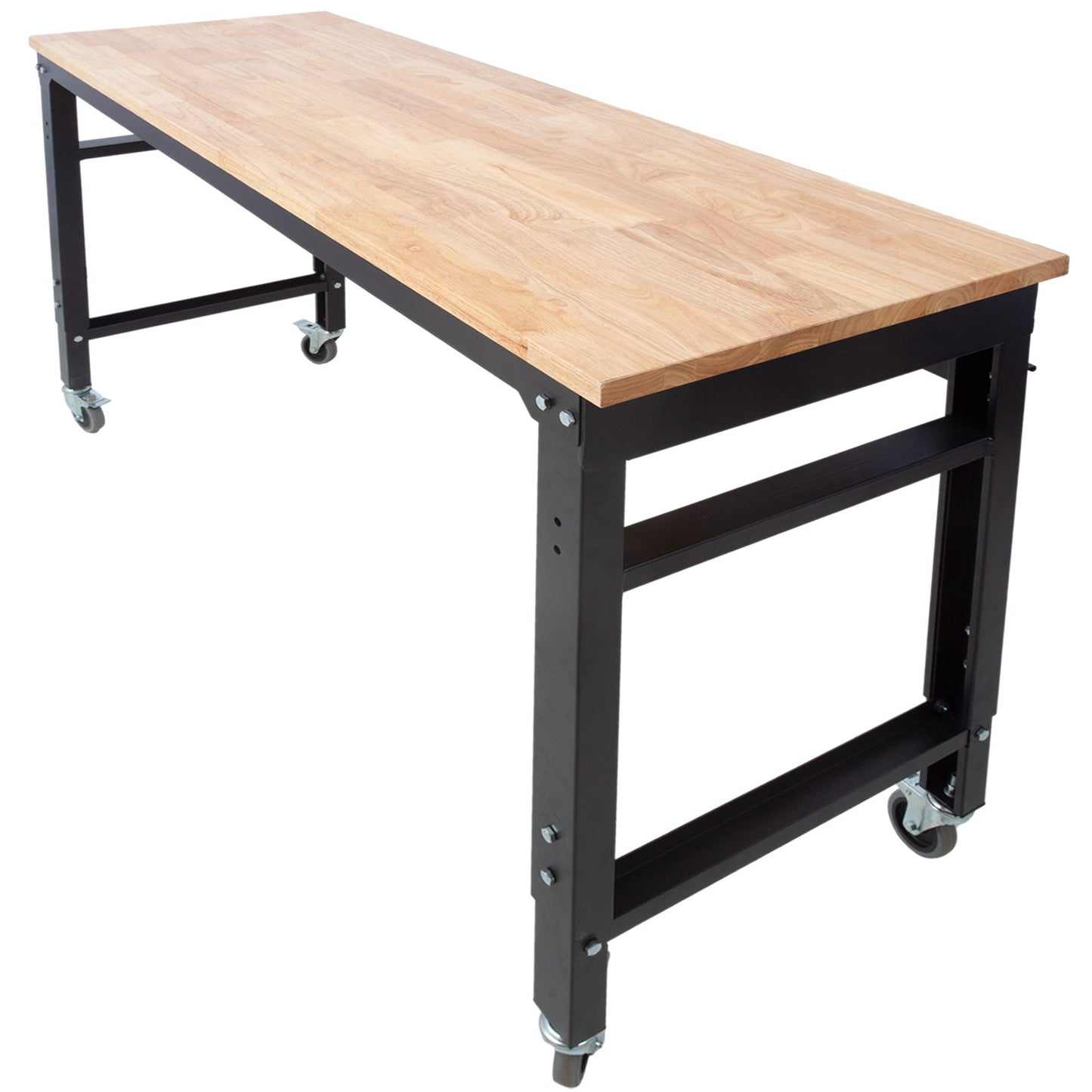 Wide Rolling Workbench For Garage, Adjustable Height, Workshop Tool Bench, Metal With Rubber Wood Top Daily Nest