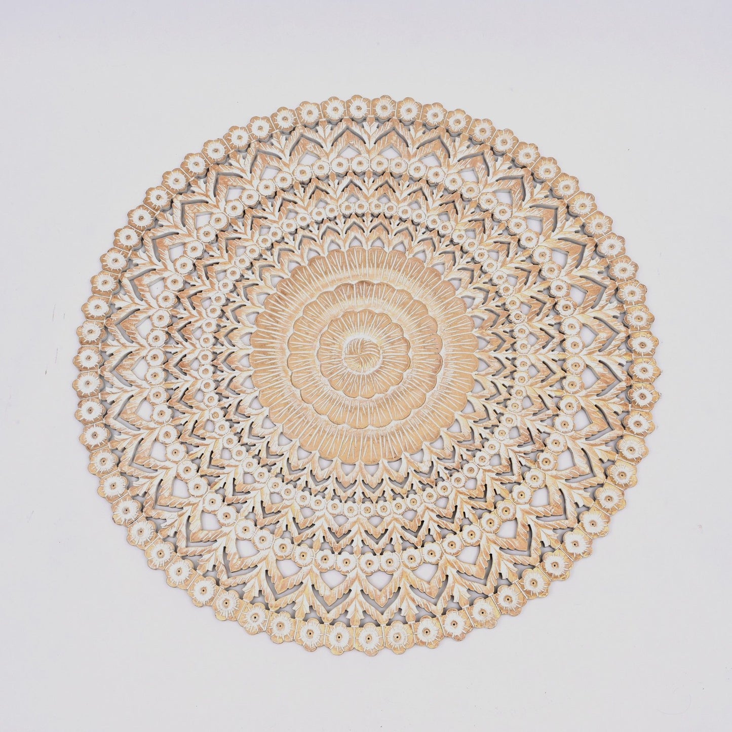 Floral Hand Carved Mandala Round Wall Decor - Brown / Antique White Daily Nest