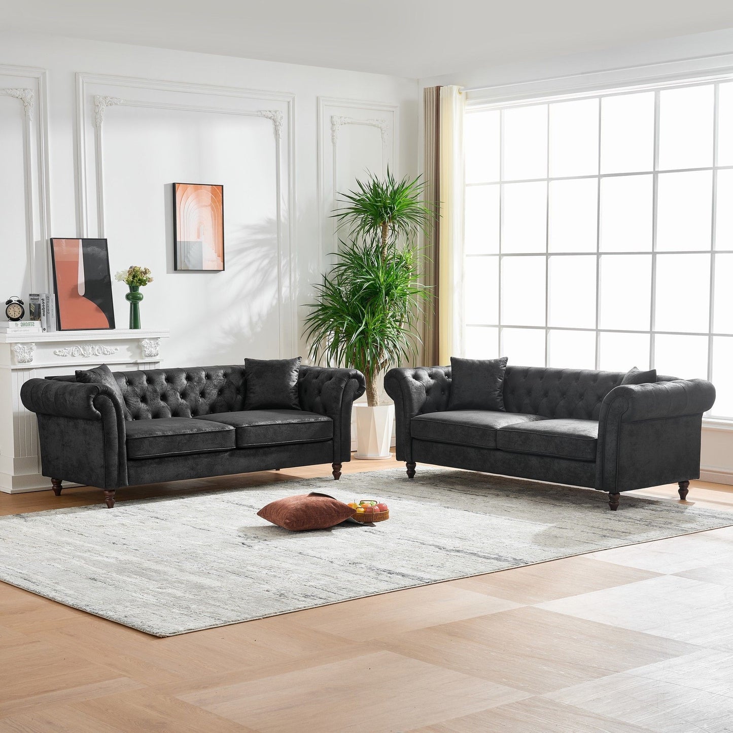 Chesterfield 3 And 3 Seater Sofa Set High Tech Fabric Roll Armrest Upholstered Couch Home Essentials