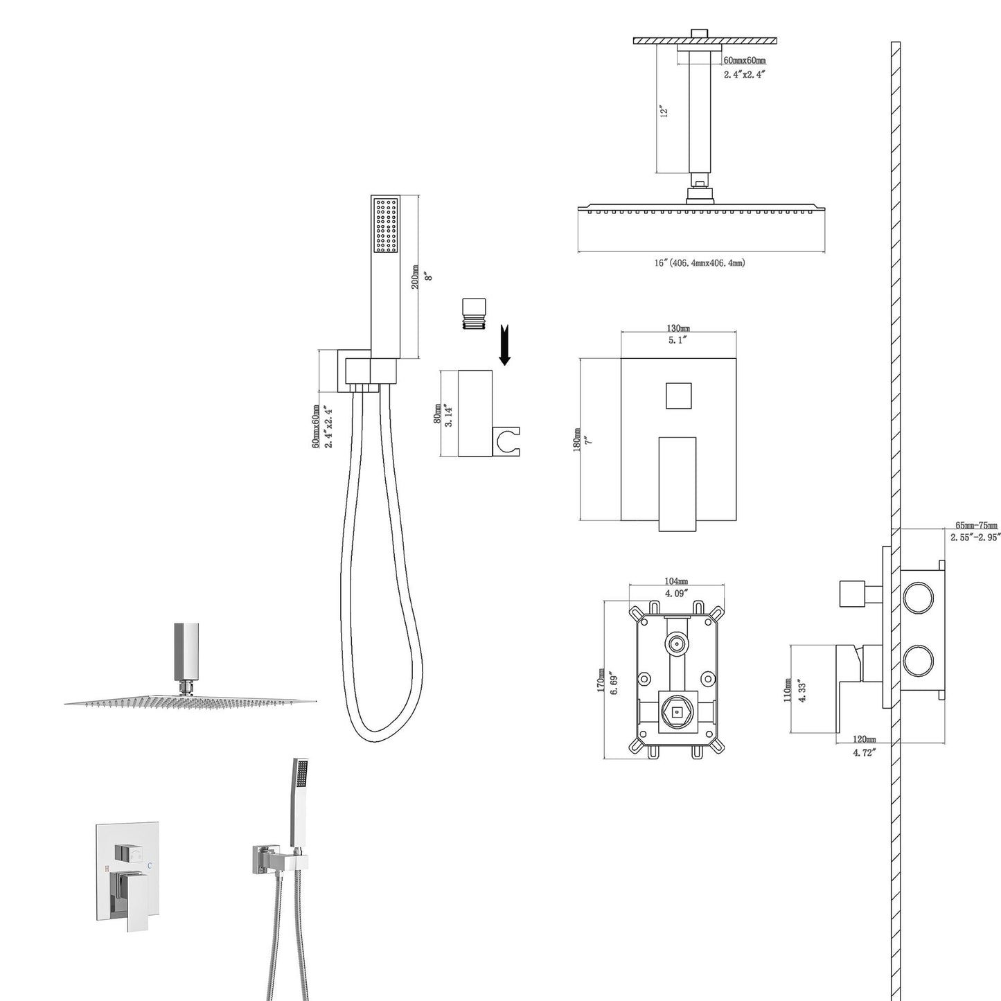 Modern Dual Shower Head System With 16" Ceiling Mount Finish, Stainless Steel And Brass Daily Nest