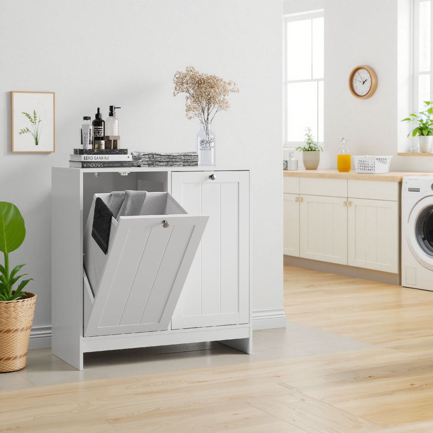 Tilted Laundry Hamper With Removable Basket, Hidden Laundry Hamper, Bathroom Storage Cabinet, Free Standing Organizer - White Home Essentials