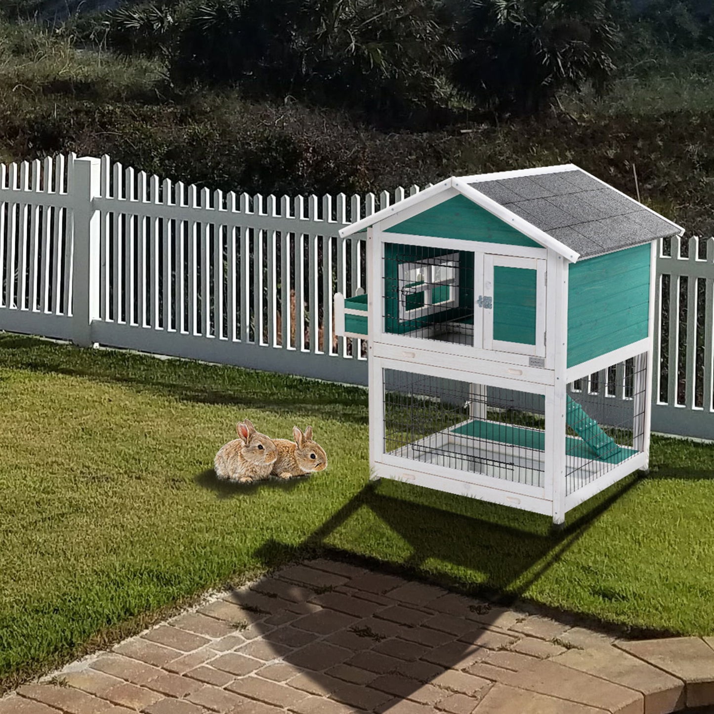 2 Story Wooden Rabbit Hutch Outdoor Indoor Bunny Cage Pull Out Tray, Waterproof Roof - Green Daily Nest