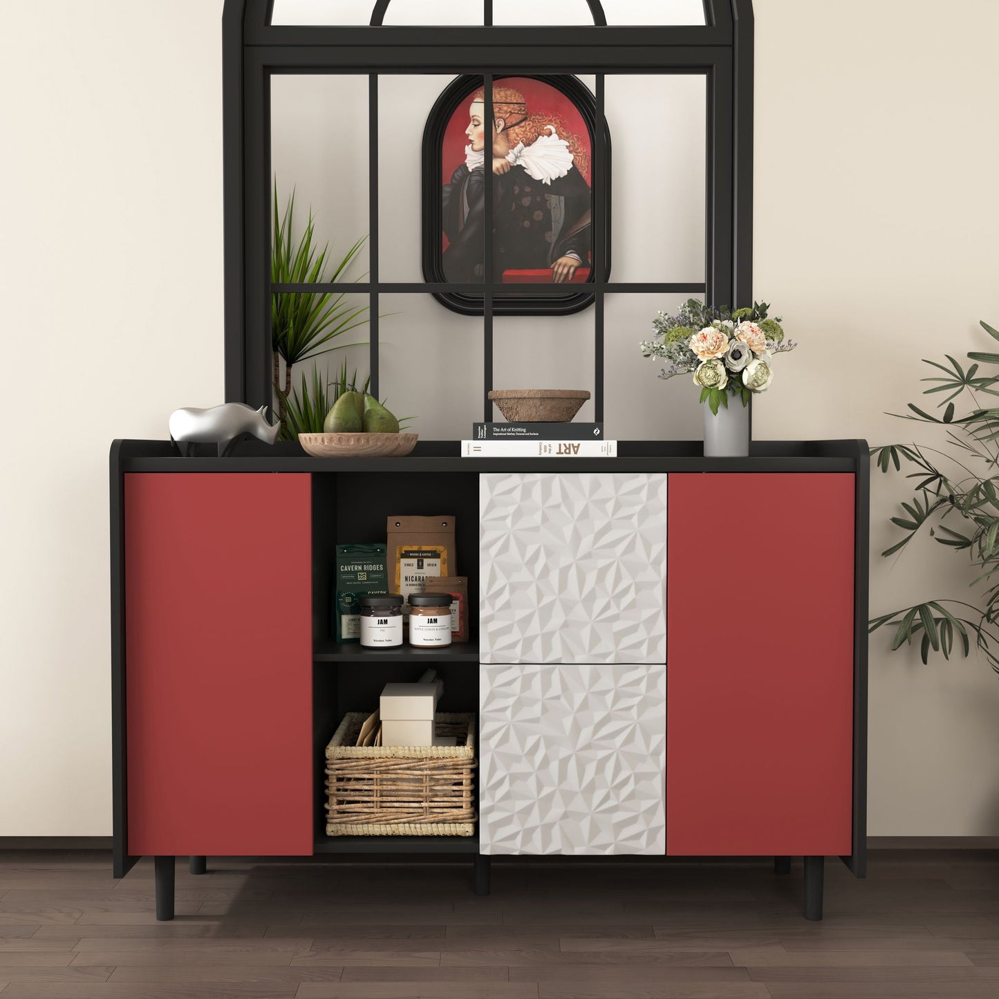 Modern Sideboard Buffet Cabinet With Red Doors And Unique Panel Styling Home Essentials