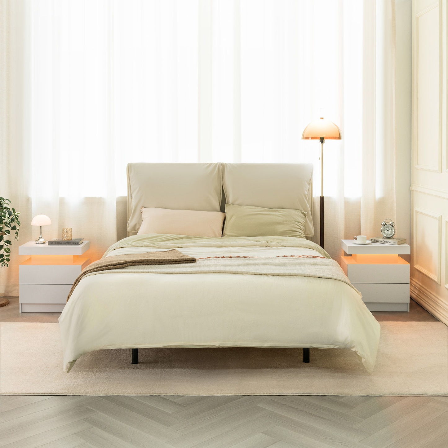 Modern LED Bedside Table Cabinet With Adjustable Lights And 2 Drawers - White Home Essentials