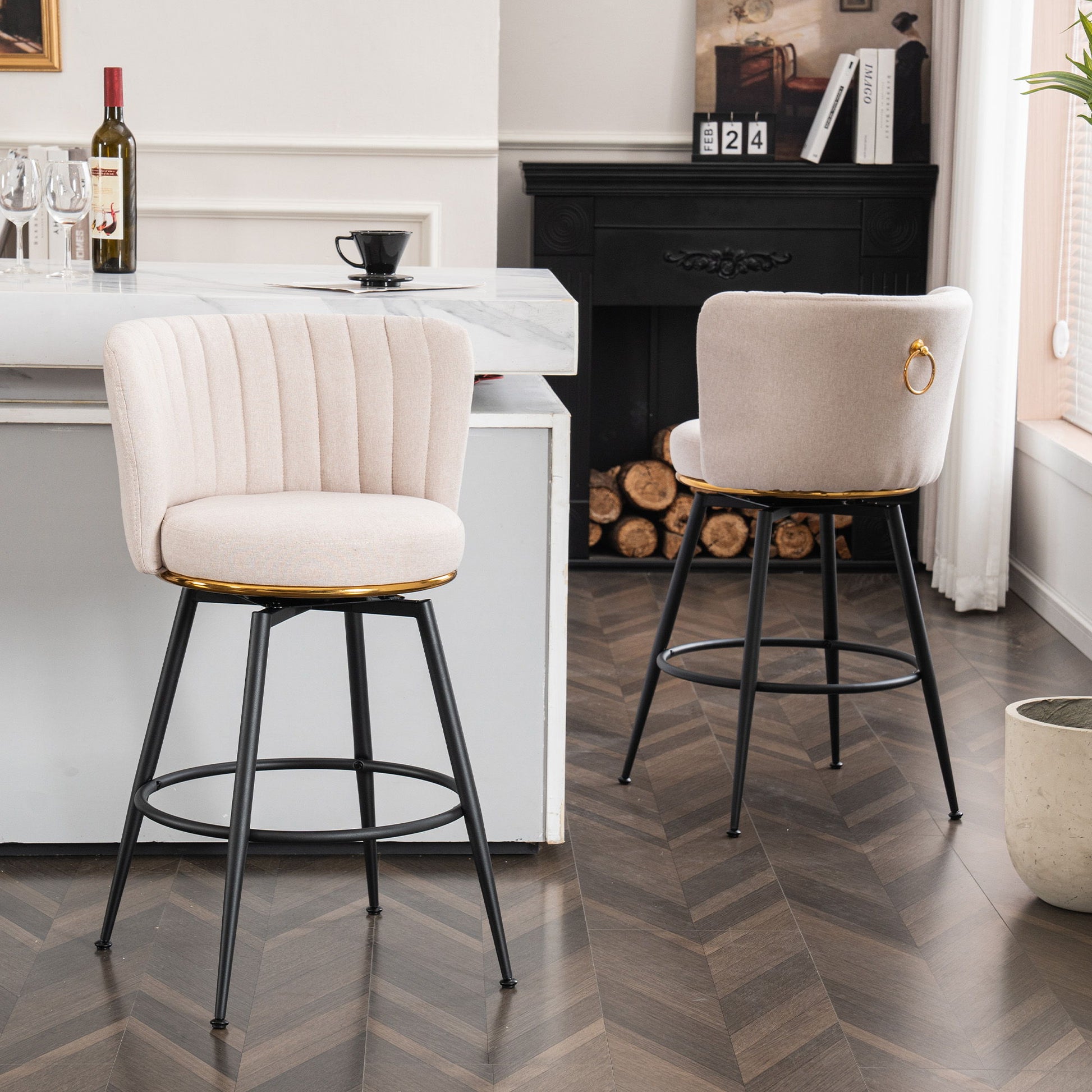 Swivel Bar Stools, High-Back, Adjustable, Upholstered With Elegant Metal Back Accents For Kitchen, Bar, Or Dining Room (Set of 2) Home Essentials