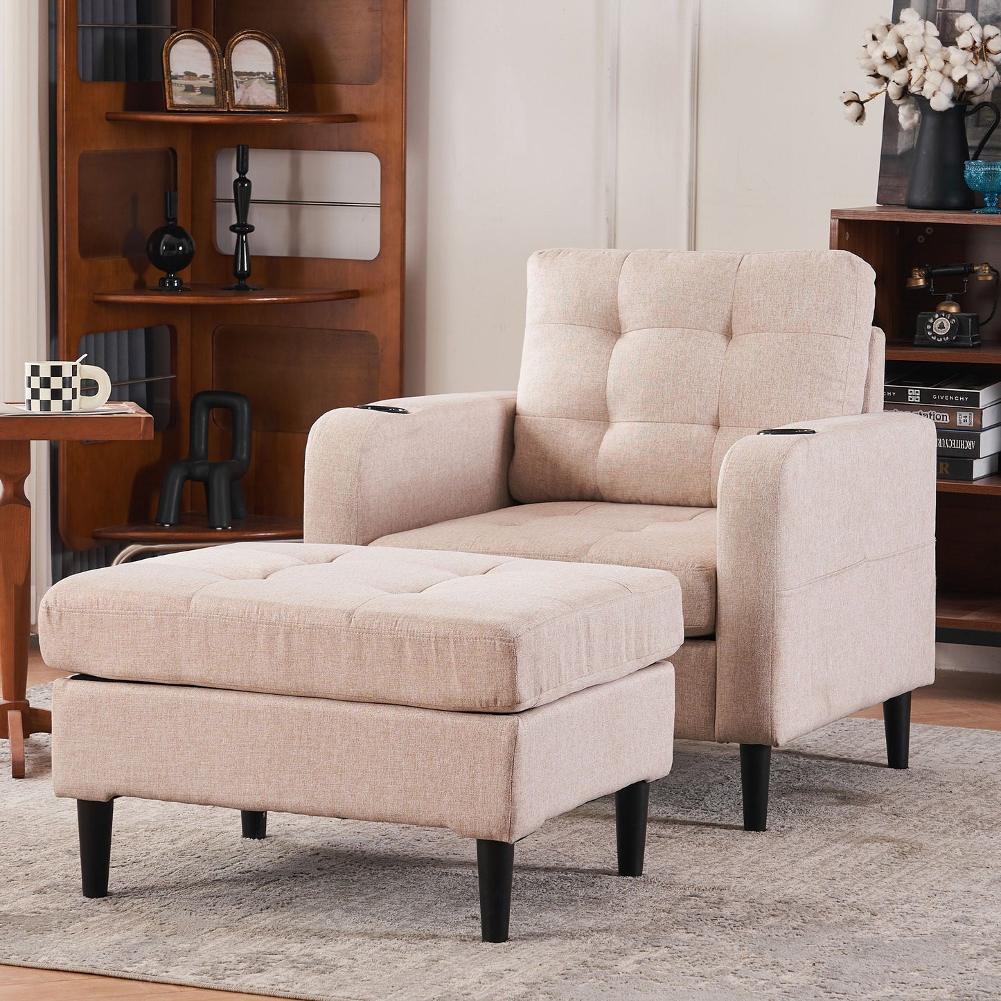Upholstered Armchair And Storage Ottoman Set, Comfortable Single Sofa With Cup Holders And Tufted Detailing, Ideal For Living Room Or Bedroom Home Essentials
