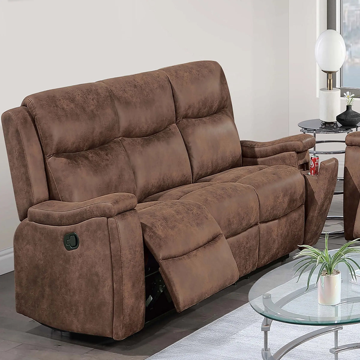 1 Piece Manual Motion Sofa Console Loveseat With Plush Back Cushion And Hidden Cup Holder - Walnut Home Essentials