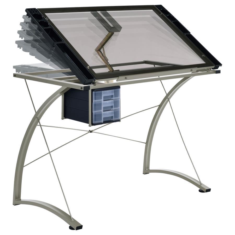 Melo - Glass Top Drafting Table With Storage - Silver CoasterEveryday