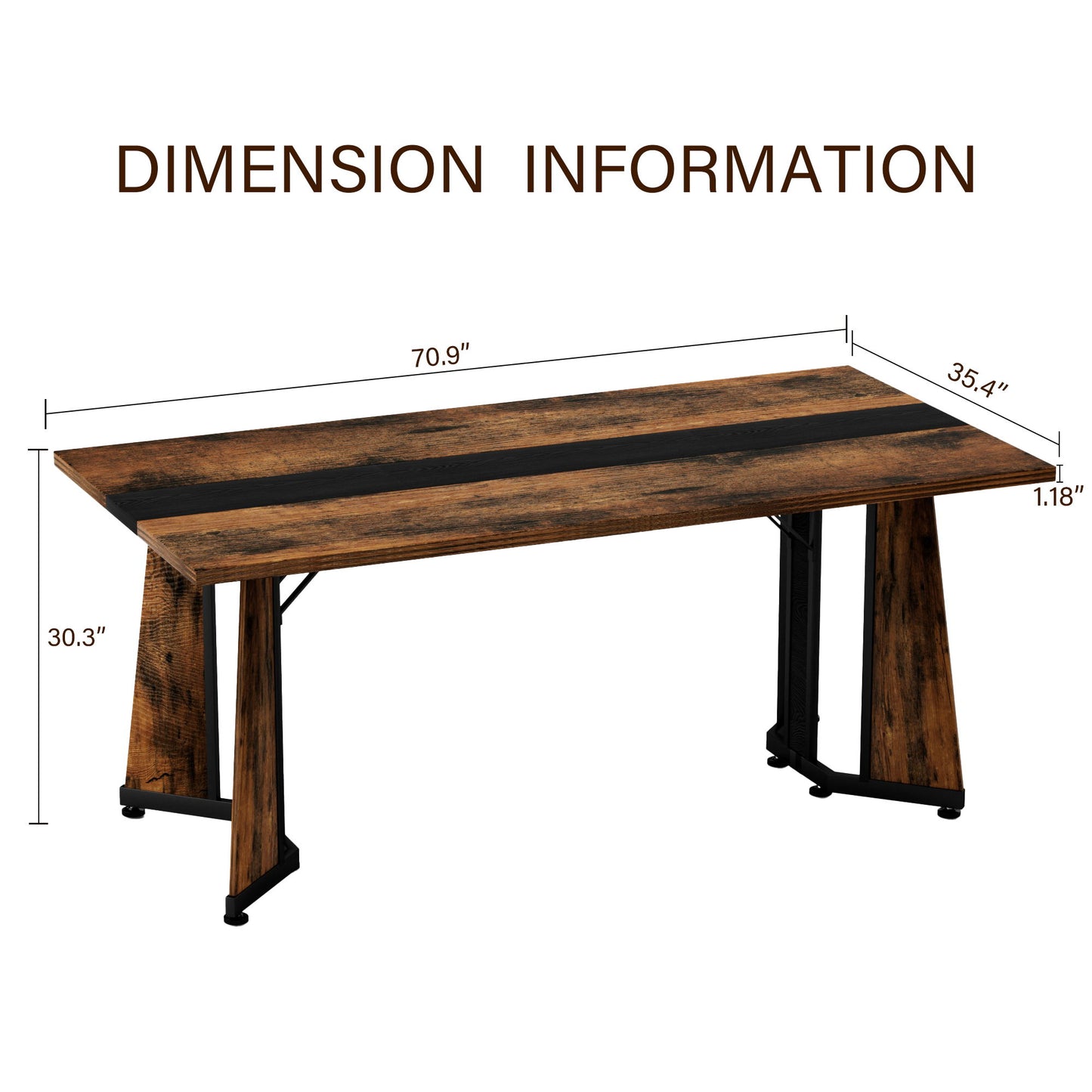 Rustic Rectangular Large Dining Table, Waterproof Desk For 8 People, & Steel With Adjustable Legs - Black / Rustic Brown Home Essentials