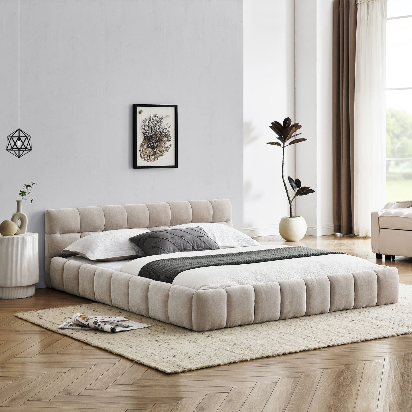 Modern Platform Bed Frame With Thick Chenille Fabric Home Essentials