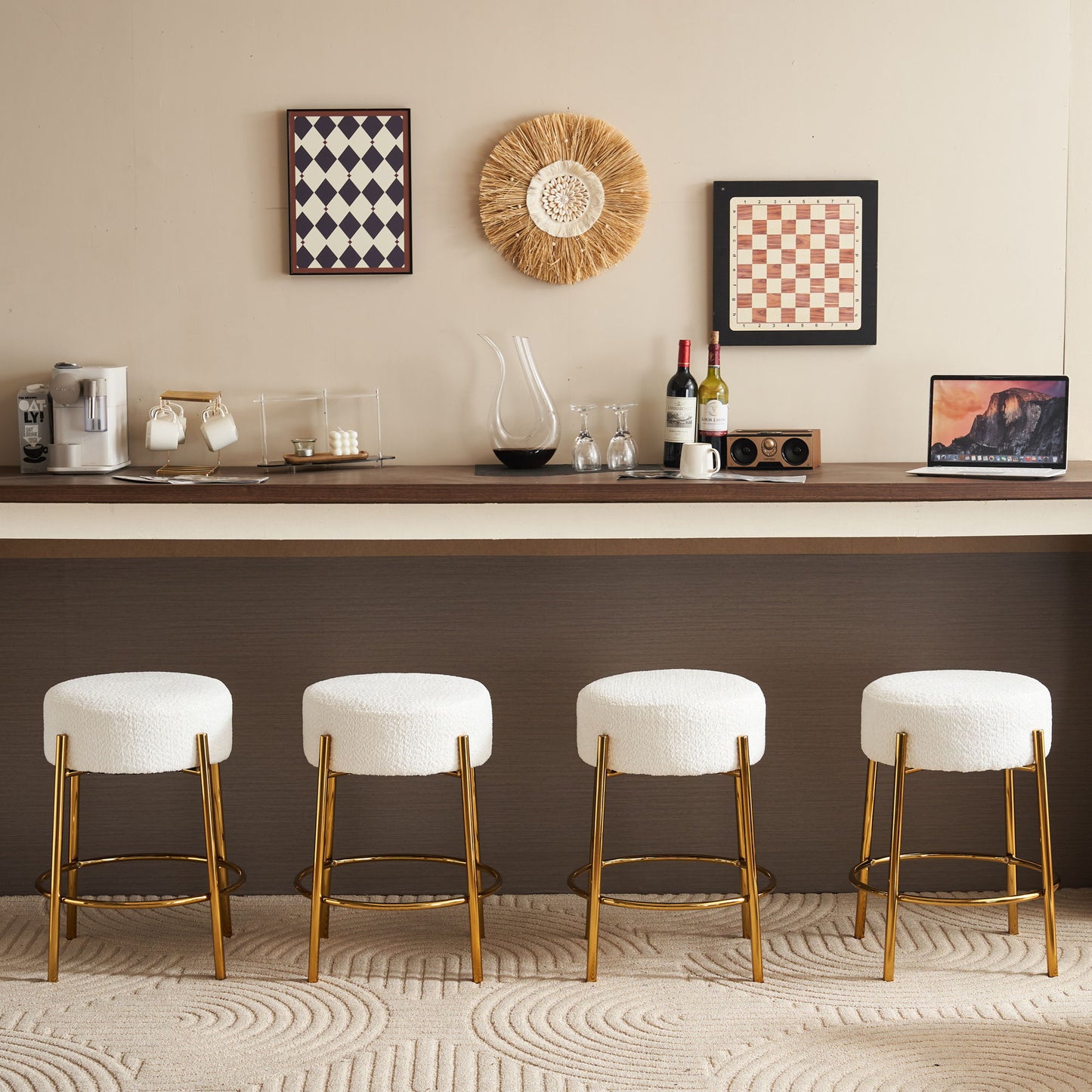 Round Bar Stools (Set of 2), Contemporary Upholstered Dining Stools For Kitchens, Coffee Shops And Bar Stores - Gold Legs Home Essentials