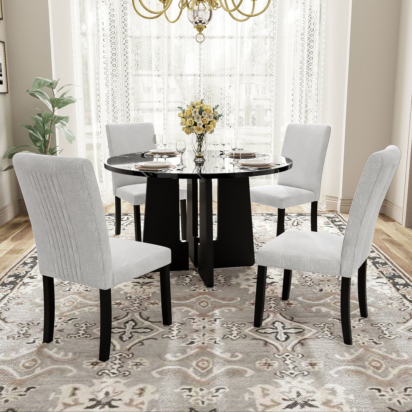 5 Piece Round Dining Table Set, Modern Dining Table And 4 Upholstered Chairs For Dining Room Hearth and Haven