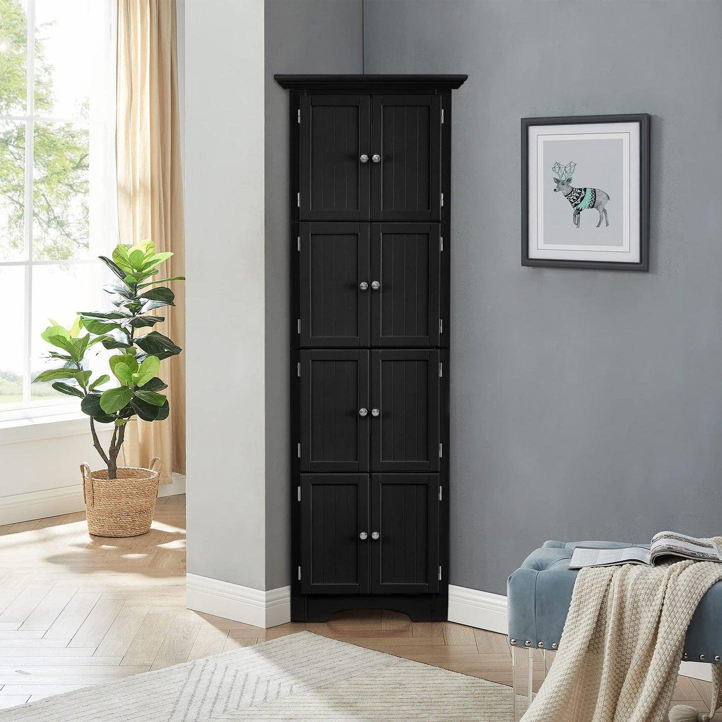 Tall Storage Cabinet With Doors And 4 Shelves For Living Room, Kitchen, Office, Bedroom, Bathroom, Modern Home Essentials
