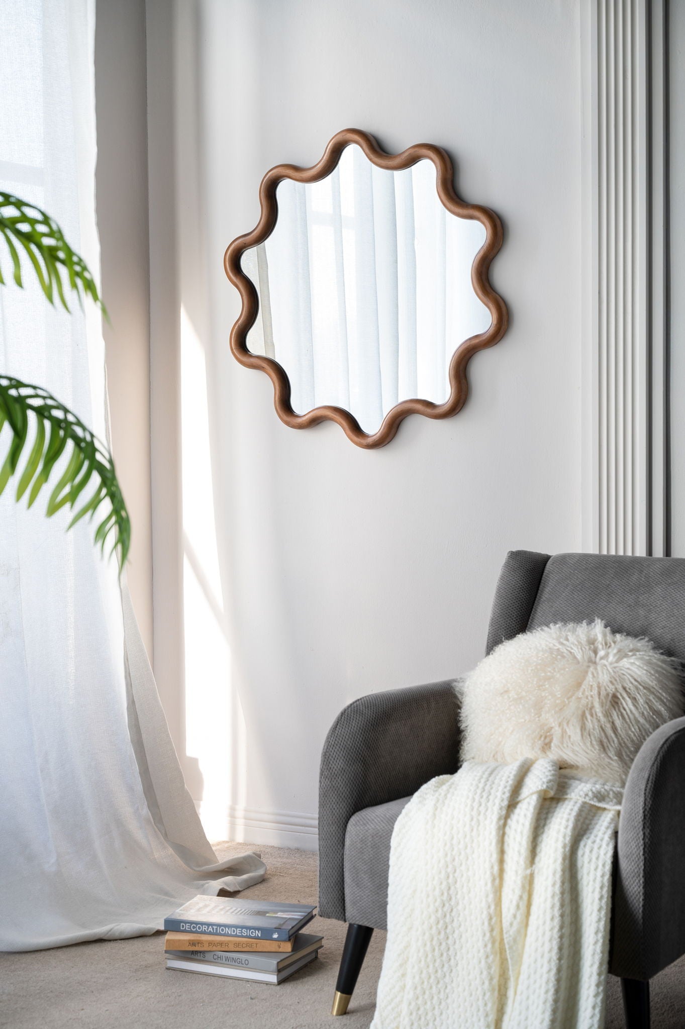 Wooden Accent Mirror With Unique Frame, Wall Mirror For Living Room Bedroom Entryway - Brown Daily Nest