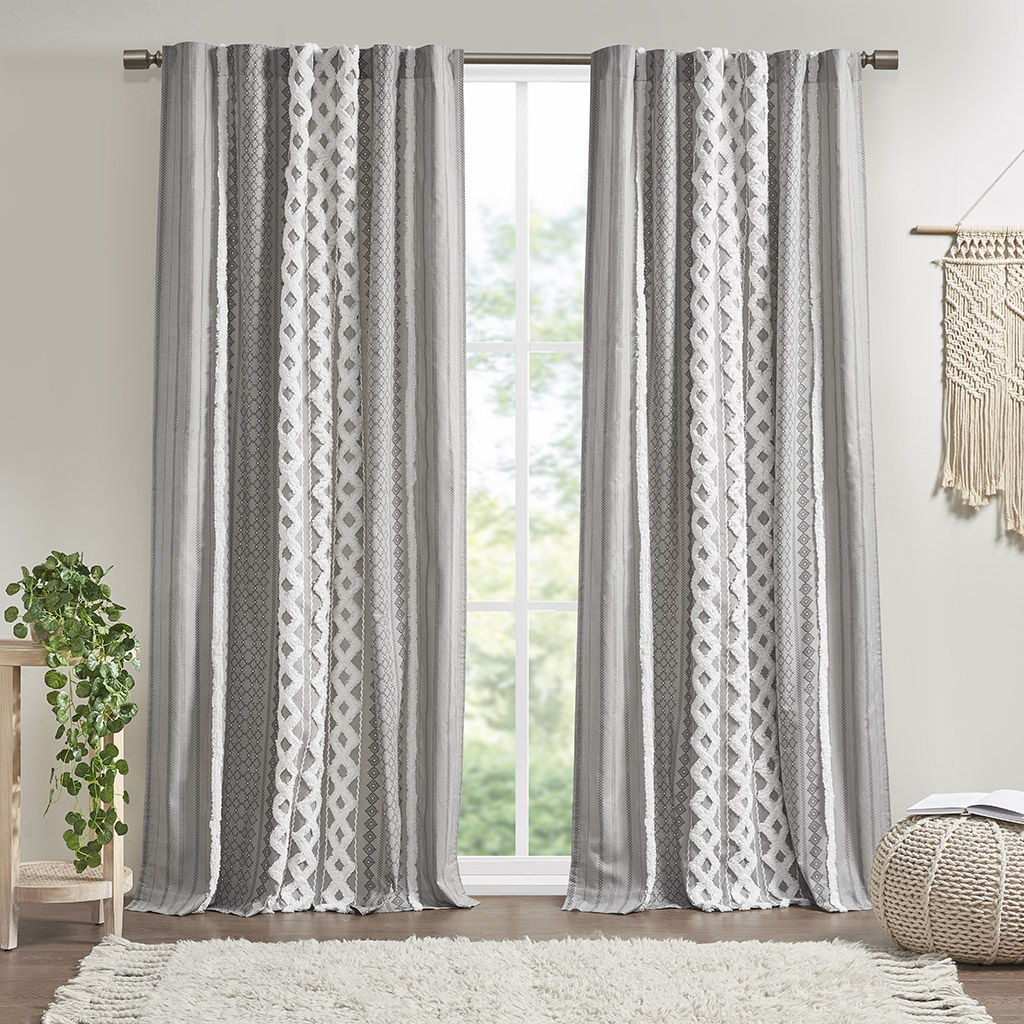 Imani - Cotton Printed Curtain Panel With Chenille Stripe And Lining - Gray INK+IVY
